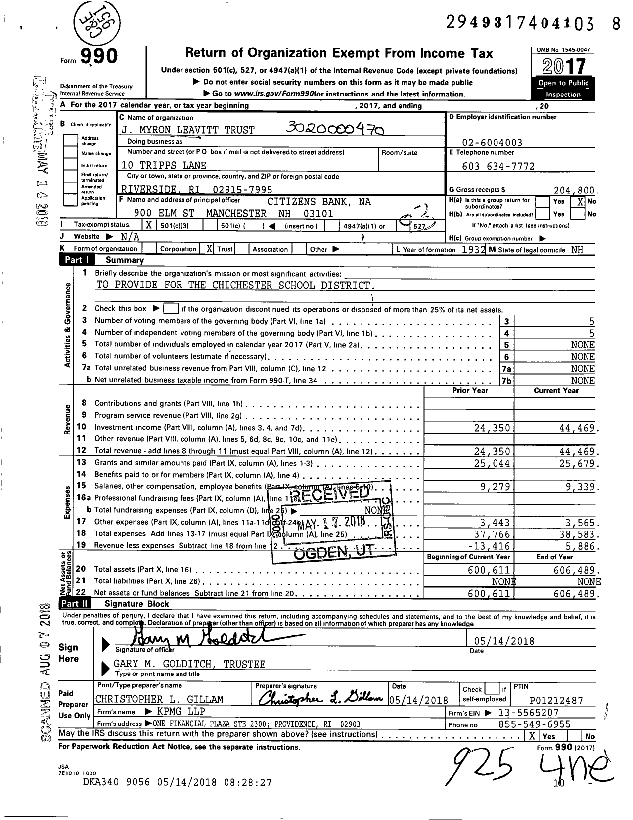 Image of first page of 2017 Form 990 for J Myron Leavitt Trust
