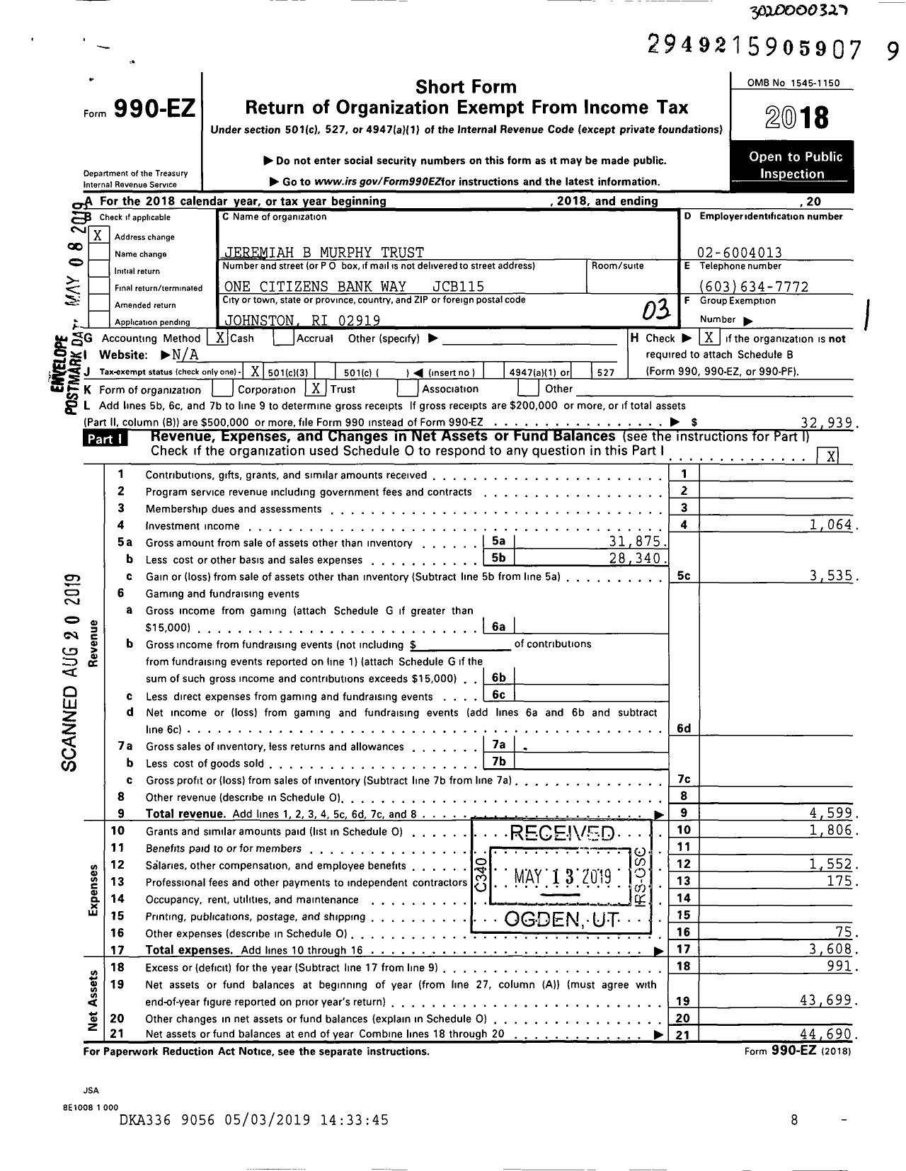 Image of first page of 2018 Form 990EZ for Jeremiah B Murphy Trust