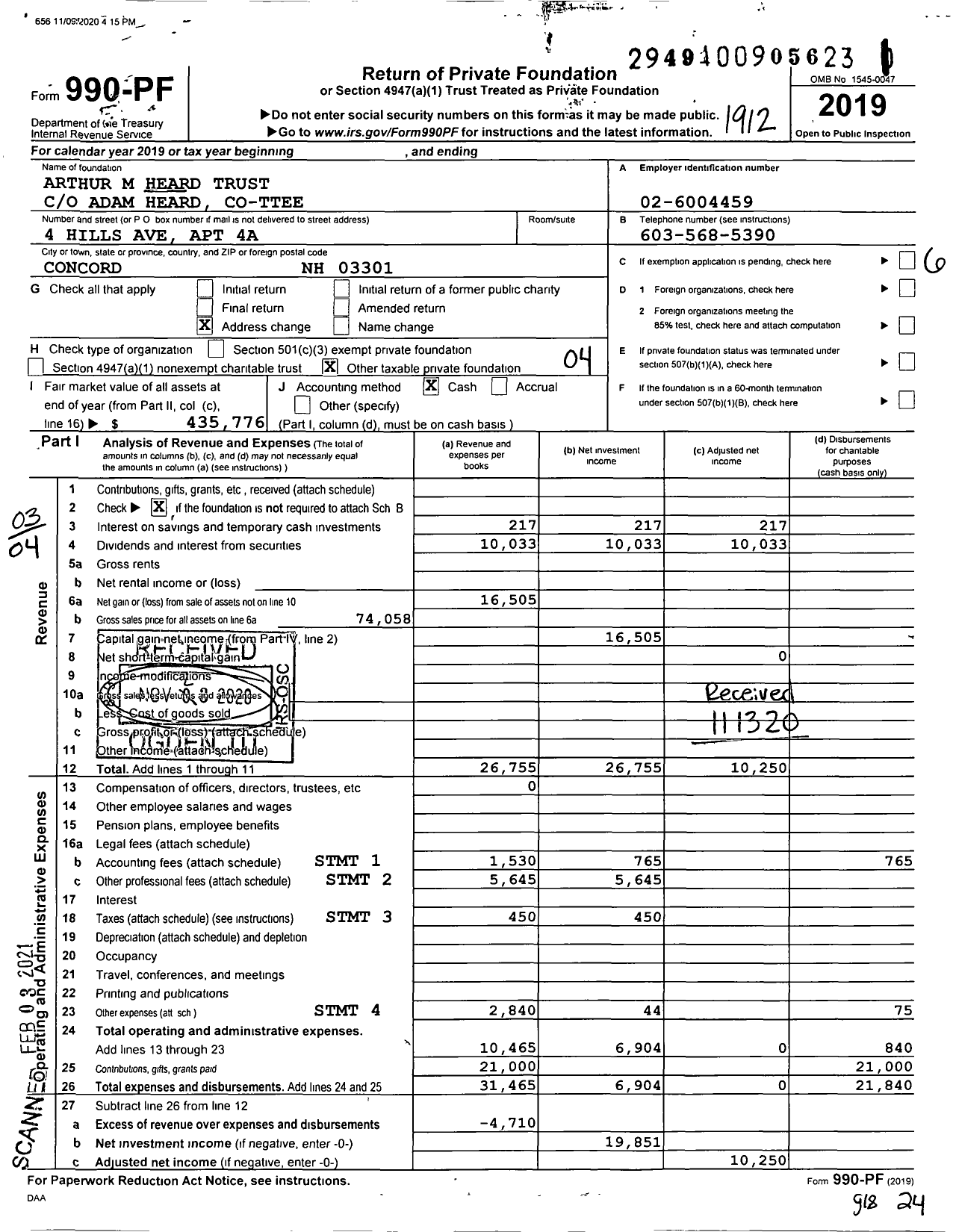 Image of first page of 2019 Form 990PF for Arthur M Heard Trust