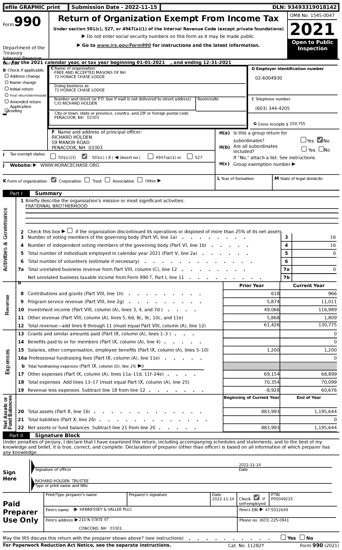 Image of first page of 2021 Form 990 for Free and Accepted Masons of NH 72 Horace Chase Lodge - 72 Horace Chase Lodge