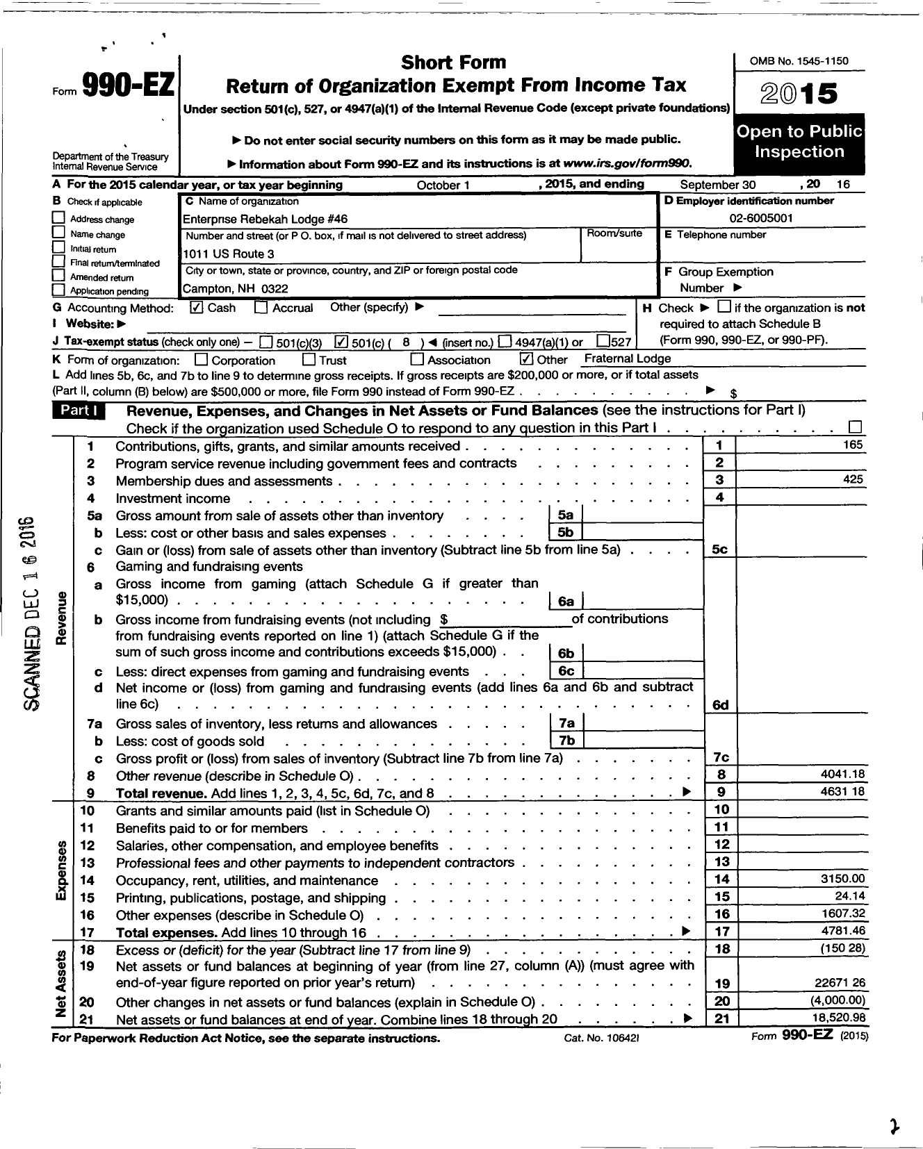 Image of first page of 2015 Form 990EO for Independent Order of Odd Fellows - 46 Enterprise Rebekah Lodge