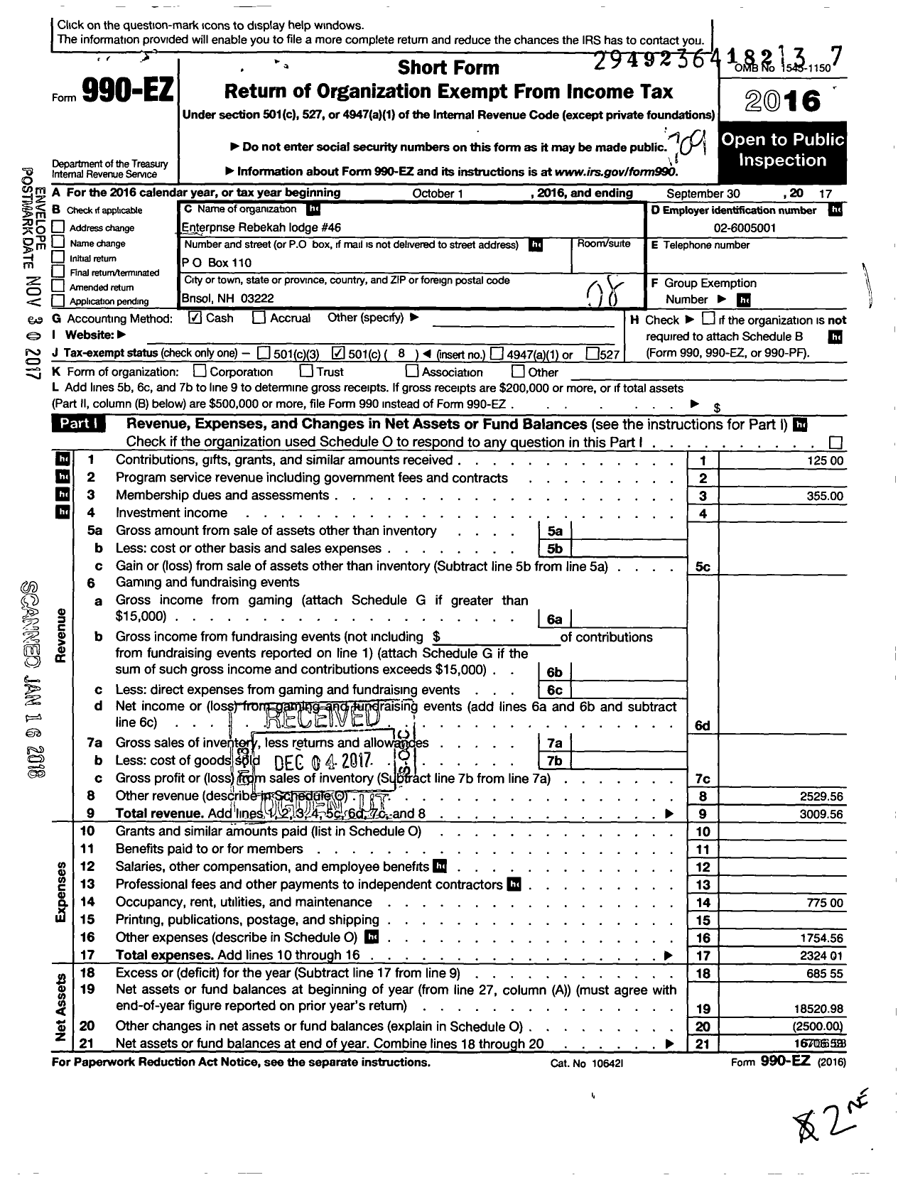 Image of first page of 2016 Form 990EO for Independent Order of Odd Fellows - 46 Enterprise Rebekah Lodge