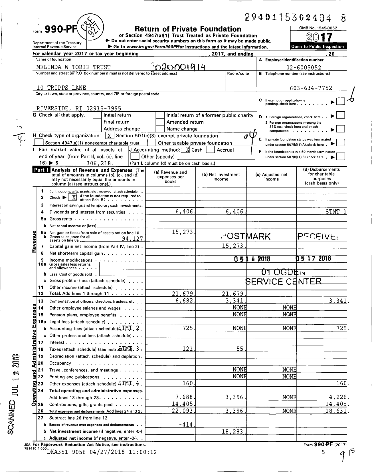 Image of first page of 2017 Form 990PF for Melinda W Tobie Trust