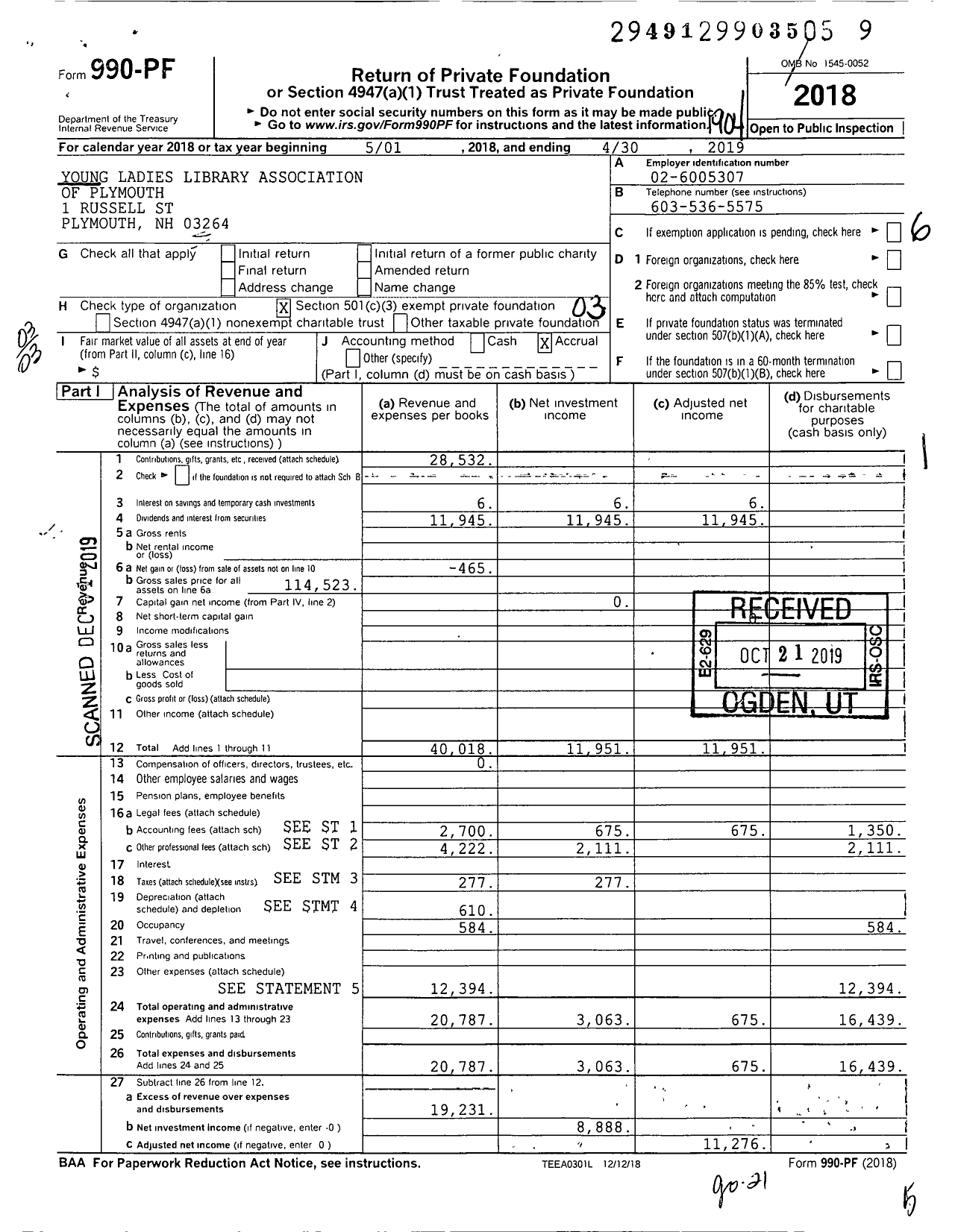 Image of first page of 2018 Form 990PF for Young Ladies Library Association of Plymouth