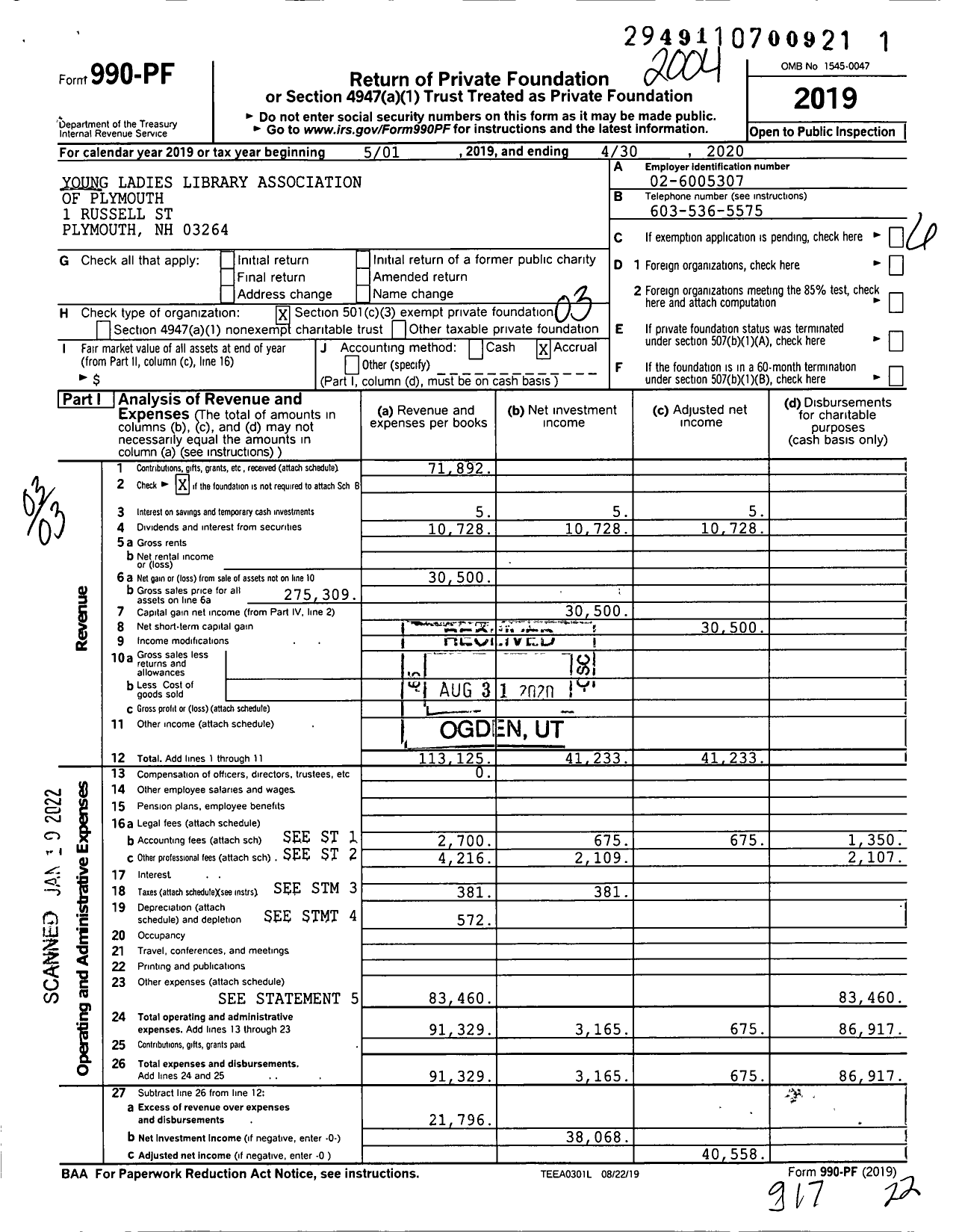 Image of first page of 2019 Form 990PF for Young Ladies Library Association of Plymouth