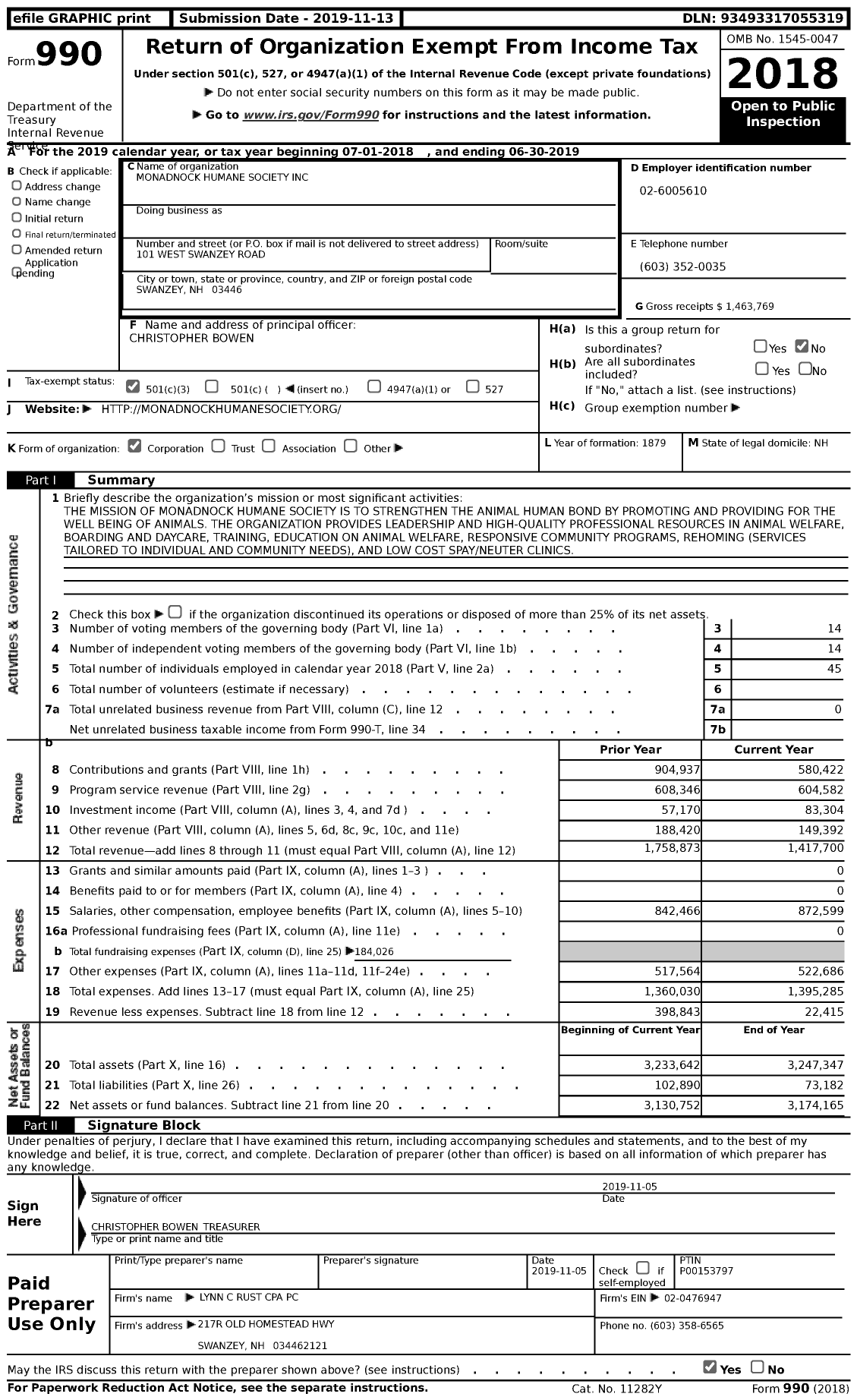 Image of first page of 2018 Form 990 for Monadnock Humane Society (MHS)