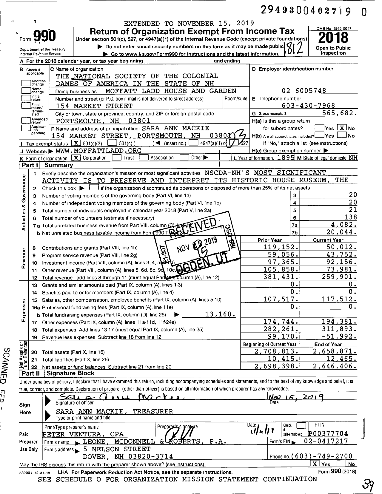 Image of first page of 2018 Form 990 for Moffatt-Ladd House and Garden