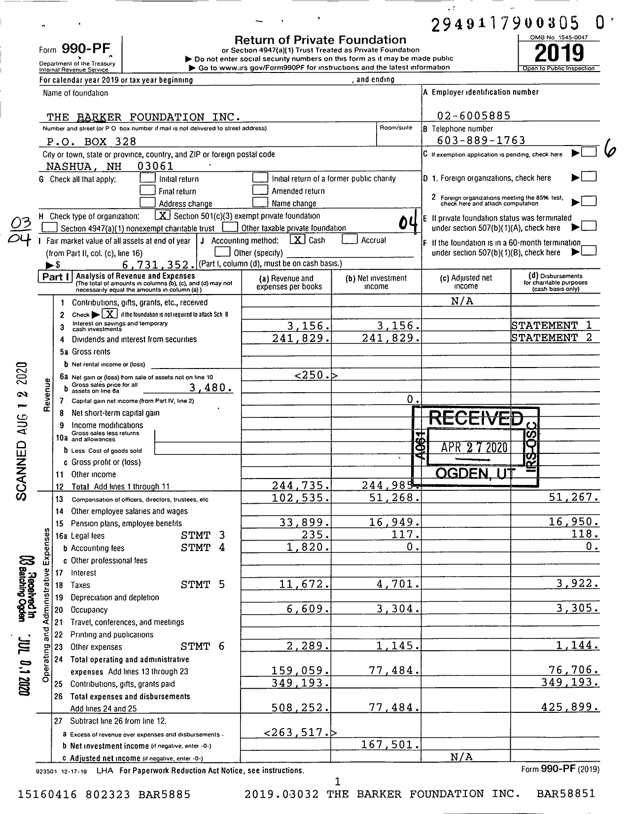 Image of first page of 2019 Form 990PR for The Barker Foundation