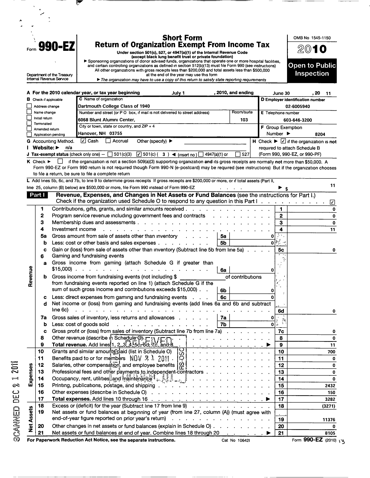 Image of first page of 2010 Form 990EZ for Trustees of Dartmouth College - 1940 Class