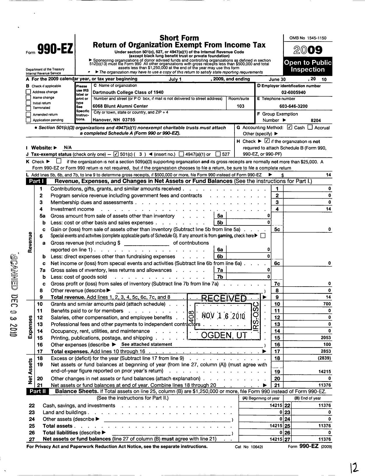 Image of first page of 2009 Form 990EZ for Trustees of Dartmouth College - 1940 Class