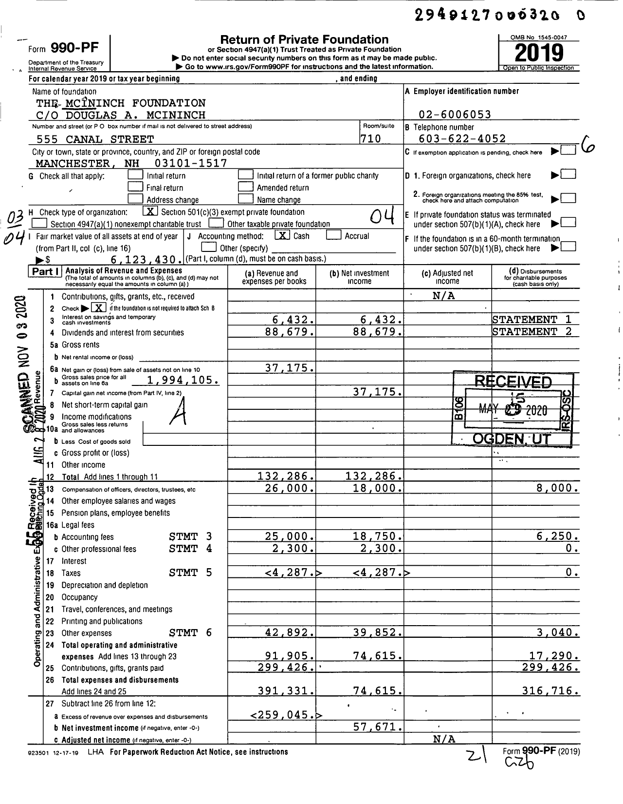 Image of first page of 2019 Form 990PF for The Mcininch Foundation