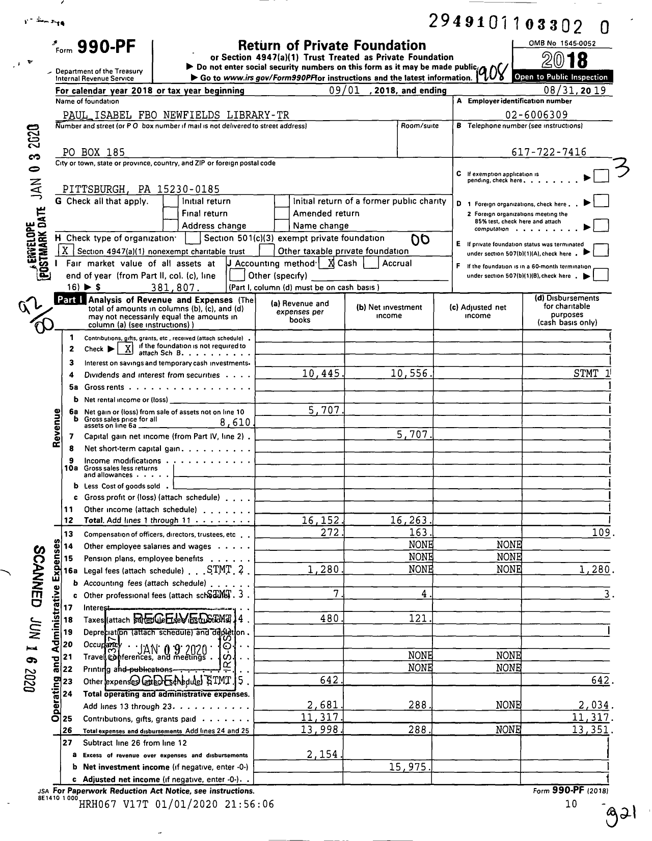 Image of first page of 2018 Form 990PR for Paul Isabel Fbo Newfields Library-Tr