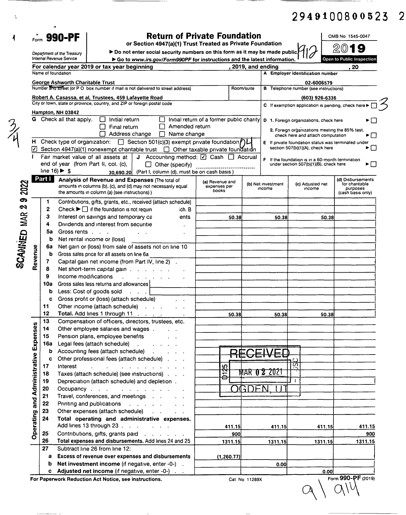 Image of first page of 2019 Form 990PF for George Ashworth Charitable Trust Robert Ashworth Casassa Trustee