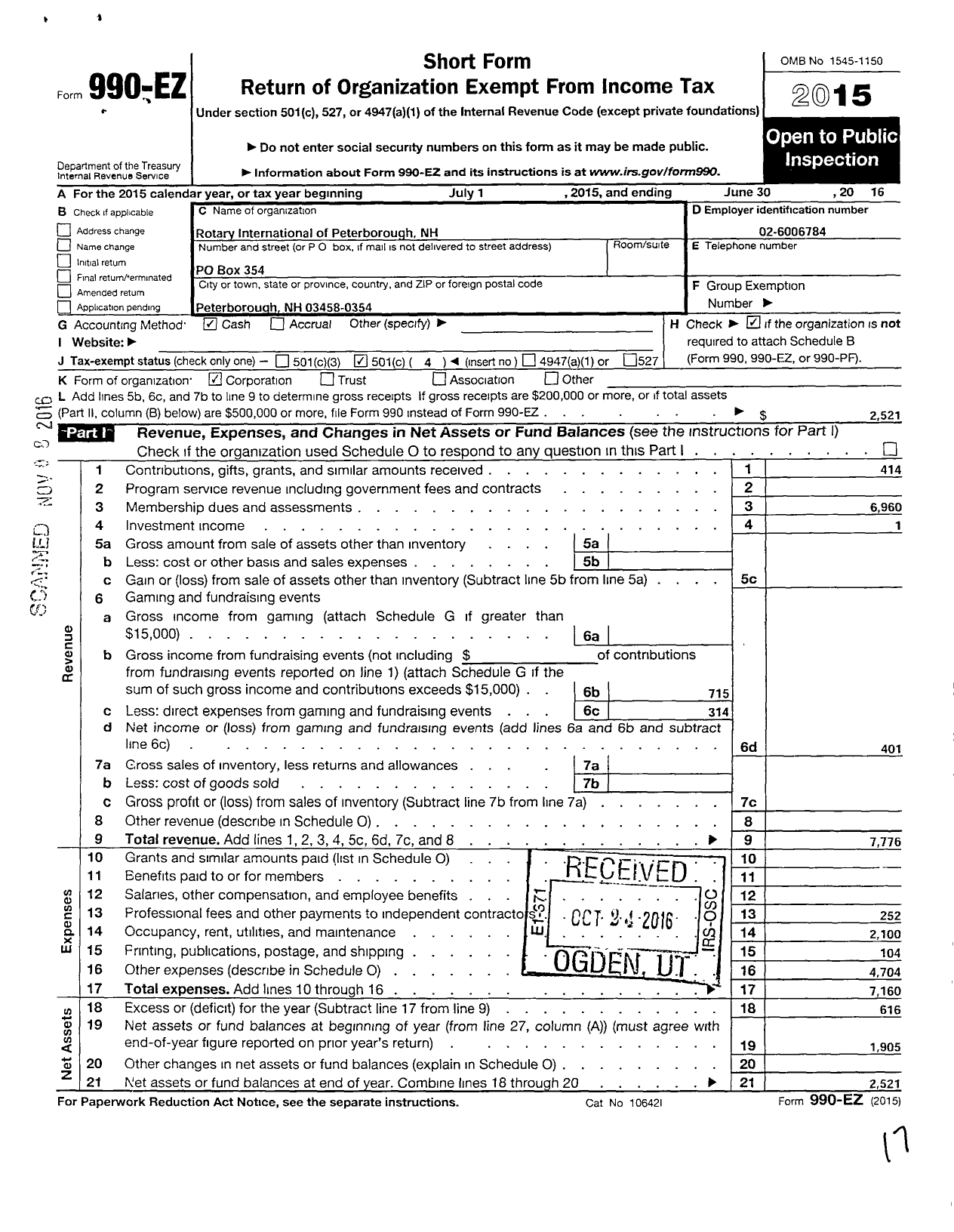 Image of first page of 2015 Form 990EO for Rotary International - Grand Monadnock