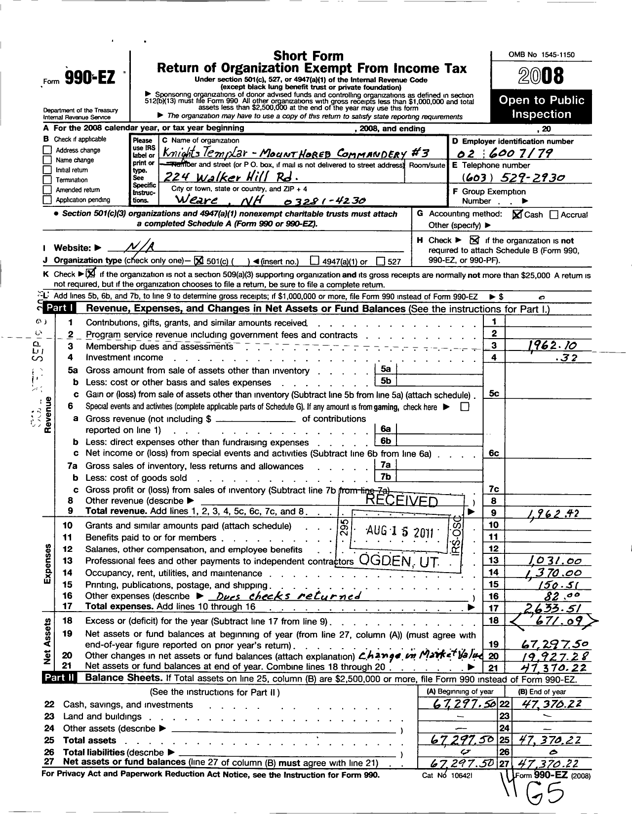Image of first page of 2008 Form 990EO for Knights Templar - 3 Mount Horeb Commandery