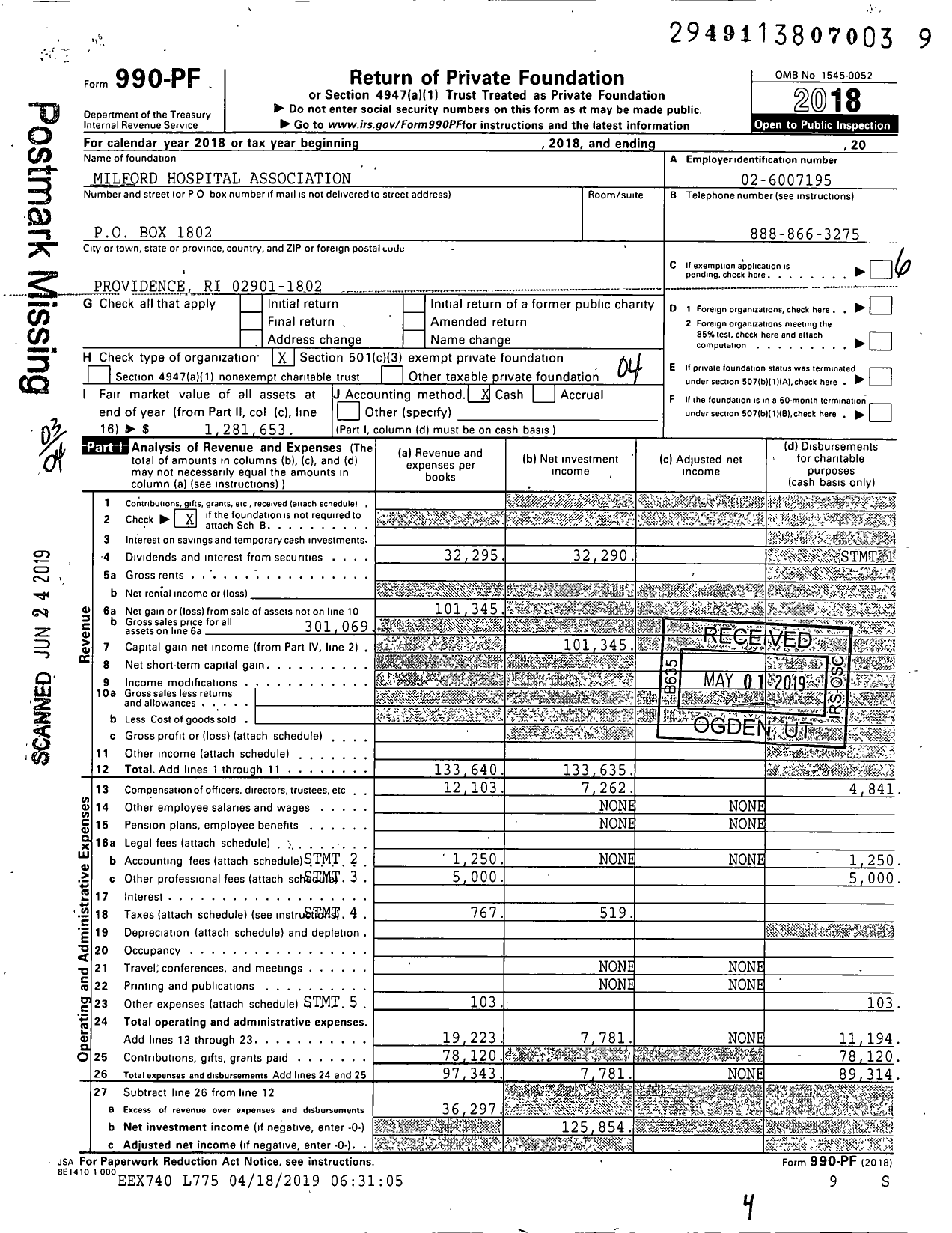Image of first page of 2018 Form 990PF for Milford Hospital Association