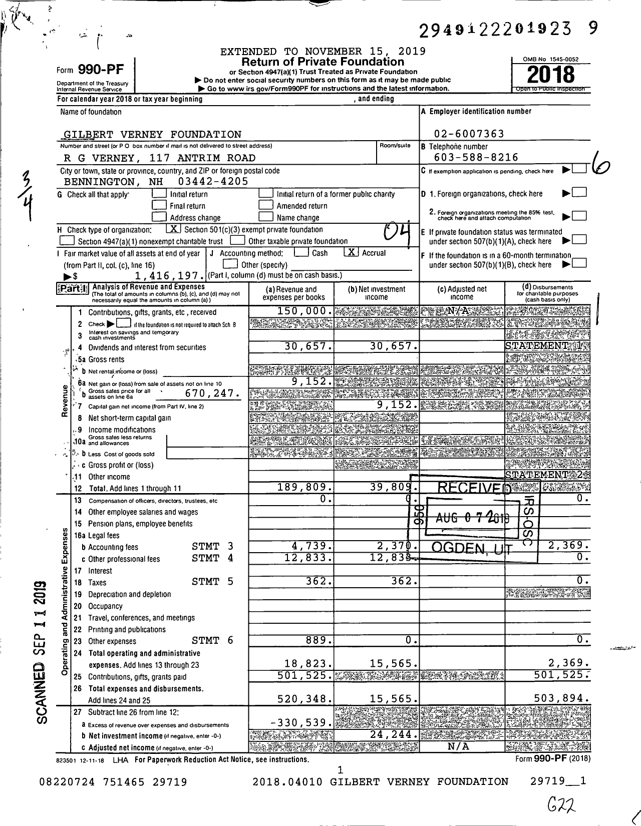 Image of first page of 2018 Form 990PF for Gilbert Verney Foundation