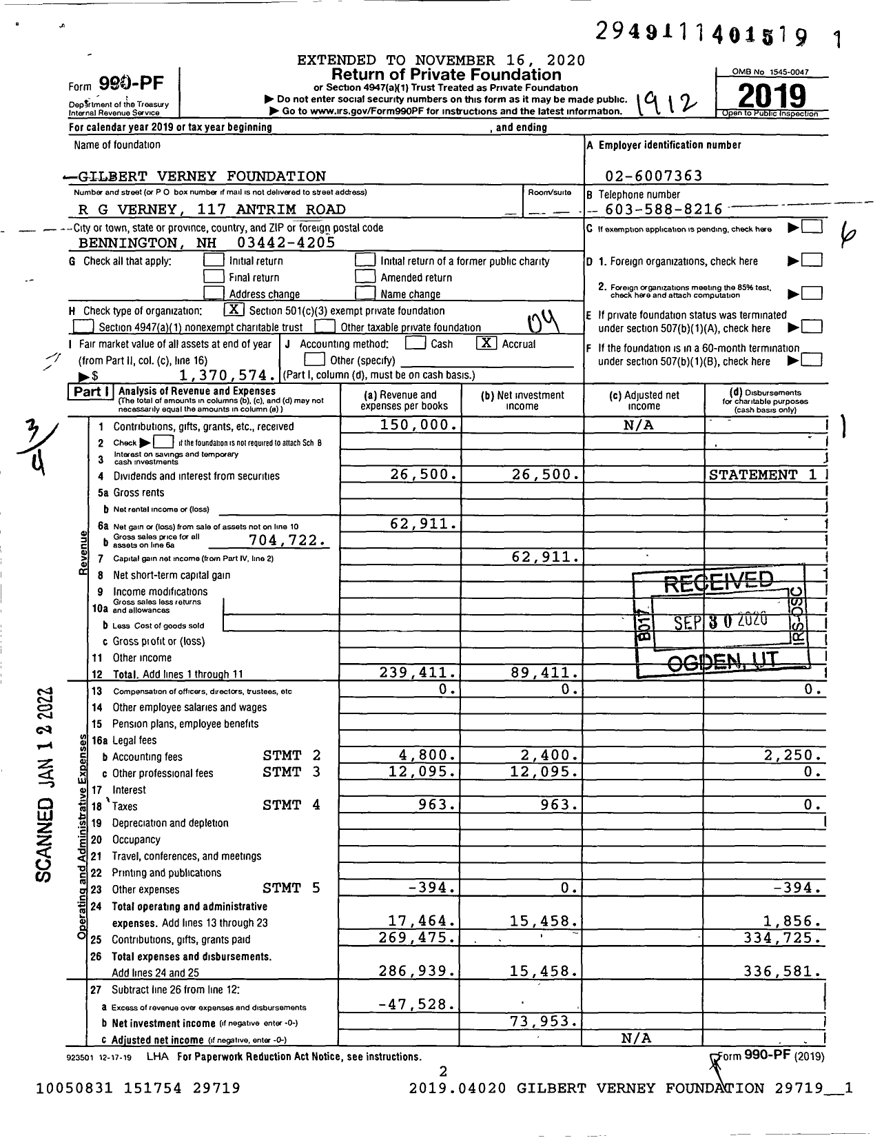 Image of first page of 2019 Form 990PF for Gilbert Verney Foundation
