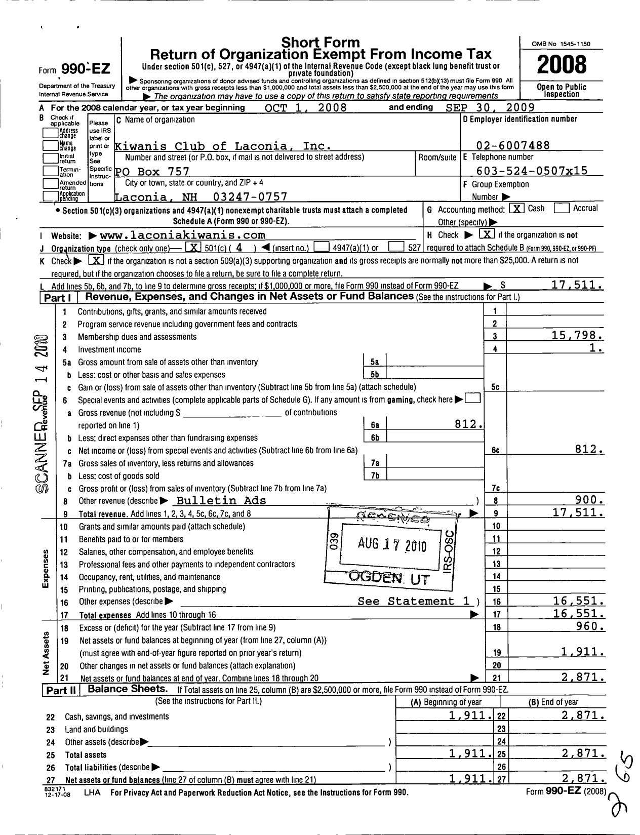 Image of first page of 2008 Form 990EO for Kiwanis International - K01668 Laconia