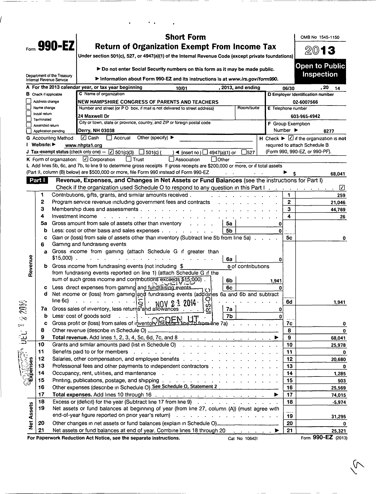 Image of first page of 2013 Form 990EZ for New Hampshire Congress of Parents and Teachers / New Hampshire PTA