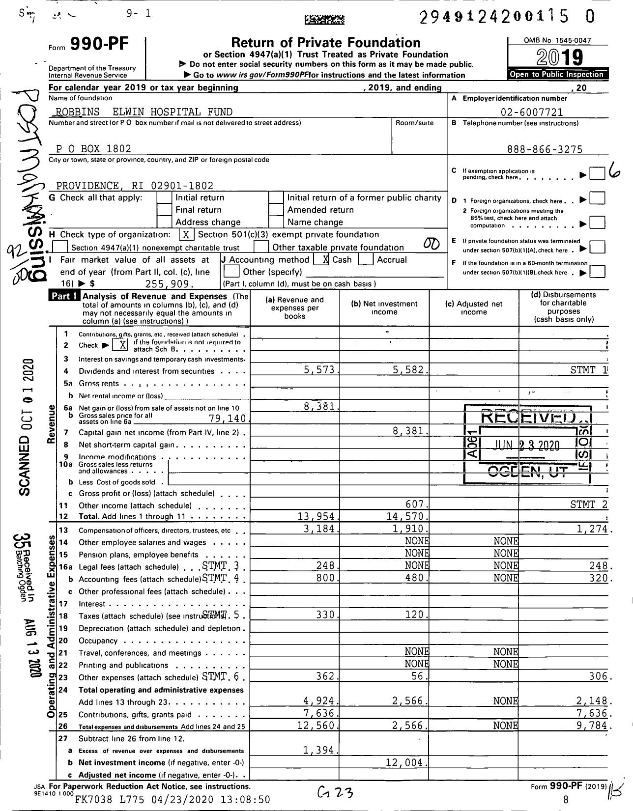 Image of first page of 2019 Form 990PR for Robbins Elwin Hospital Fund