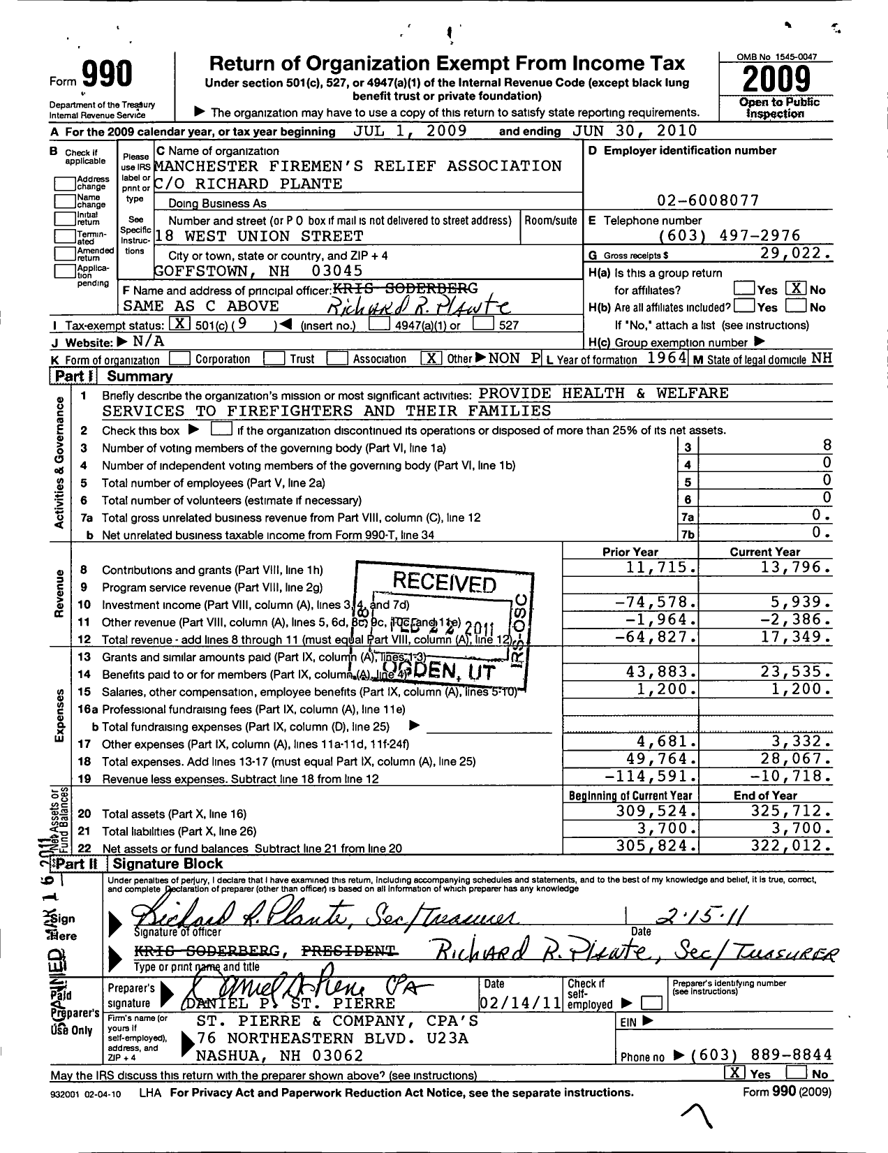 Image of first page of 2009 Form 990O for Manchester Firemens Relief Association