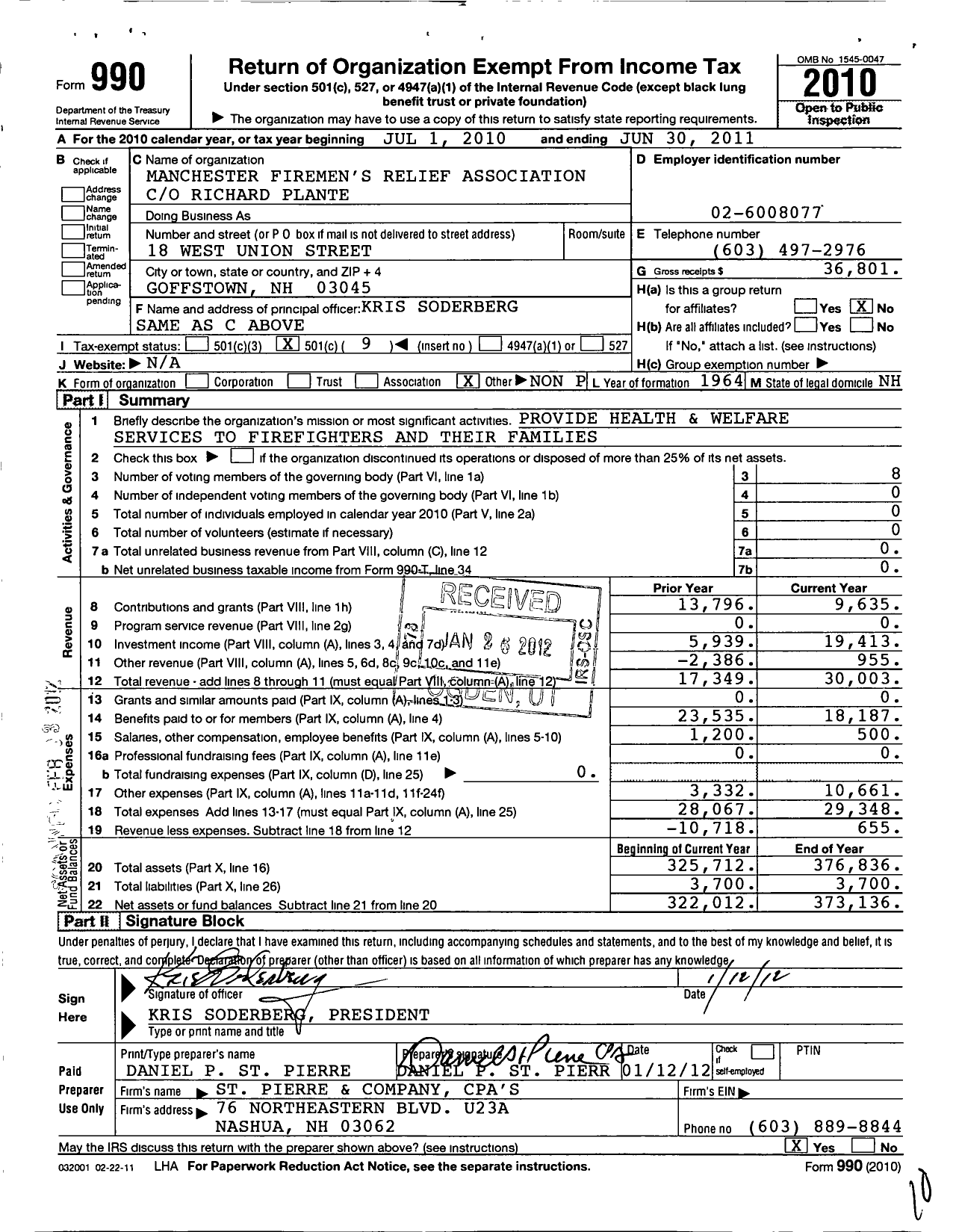 Image of first page of 2010 Form 990O for Manchester Firemens Relief Association