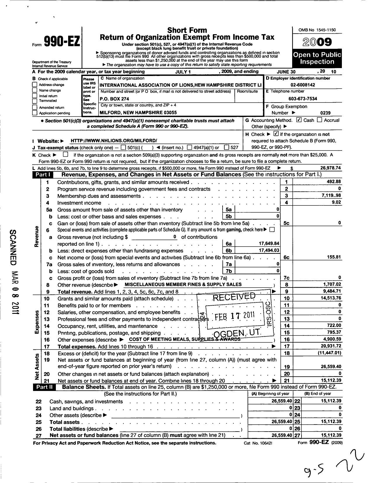 Image of first page of 2009 Form 990EO for Lions Clubs - 14158 Milford Lions Club