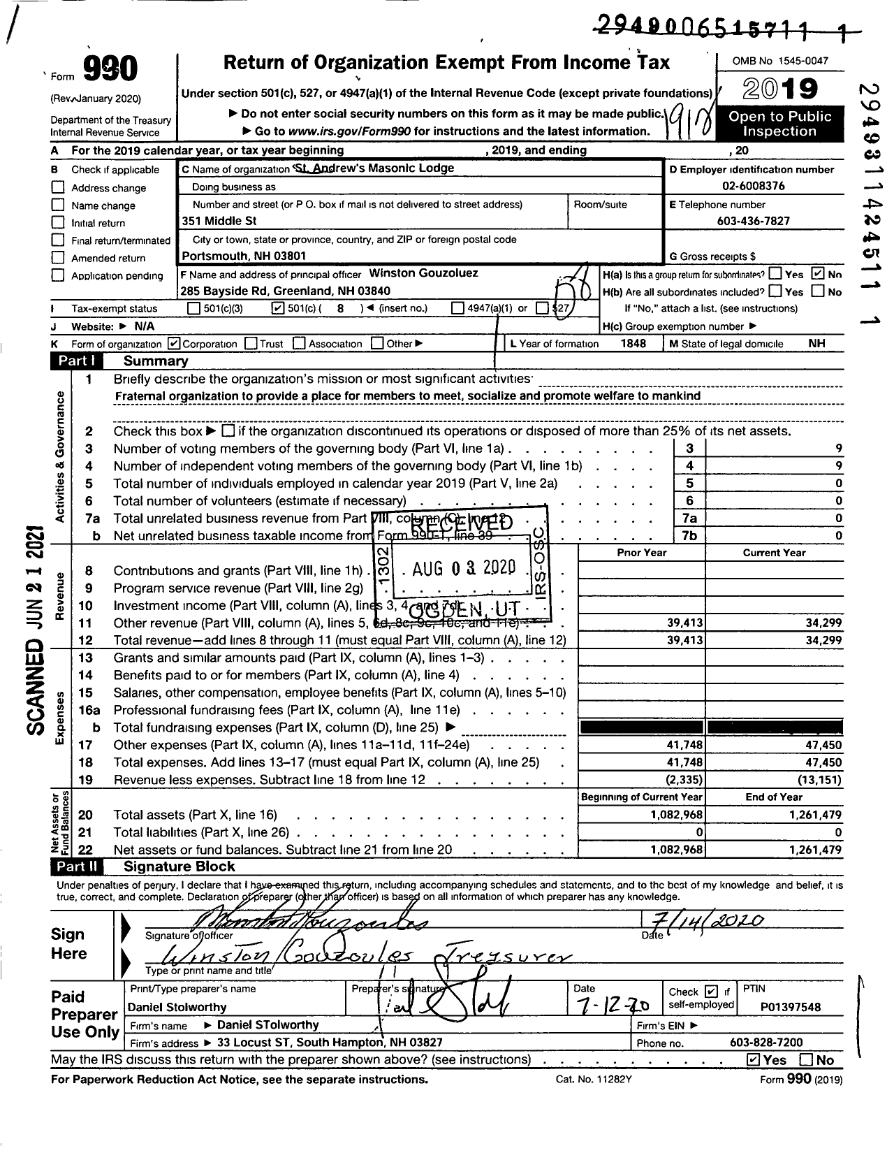 Image of first page of 2019 Form 990O for Free and Accepted Masons of New Hampshire - St Andrews No 56