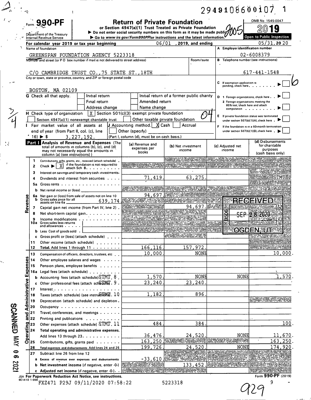 Image of first page of 2019 Form 990PF for The Greenspan Foundation 5223318