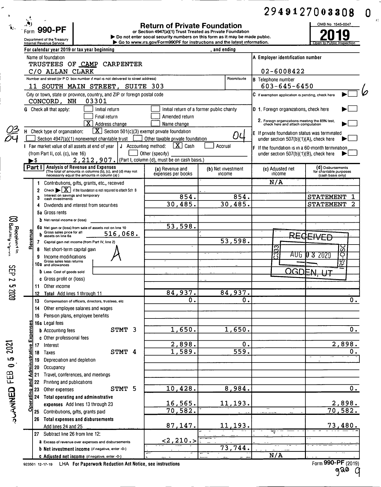 Image of first page of 2019 Form 990PF for Trustees of Camp Carpenter