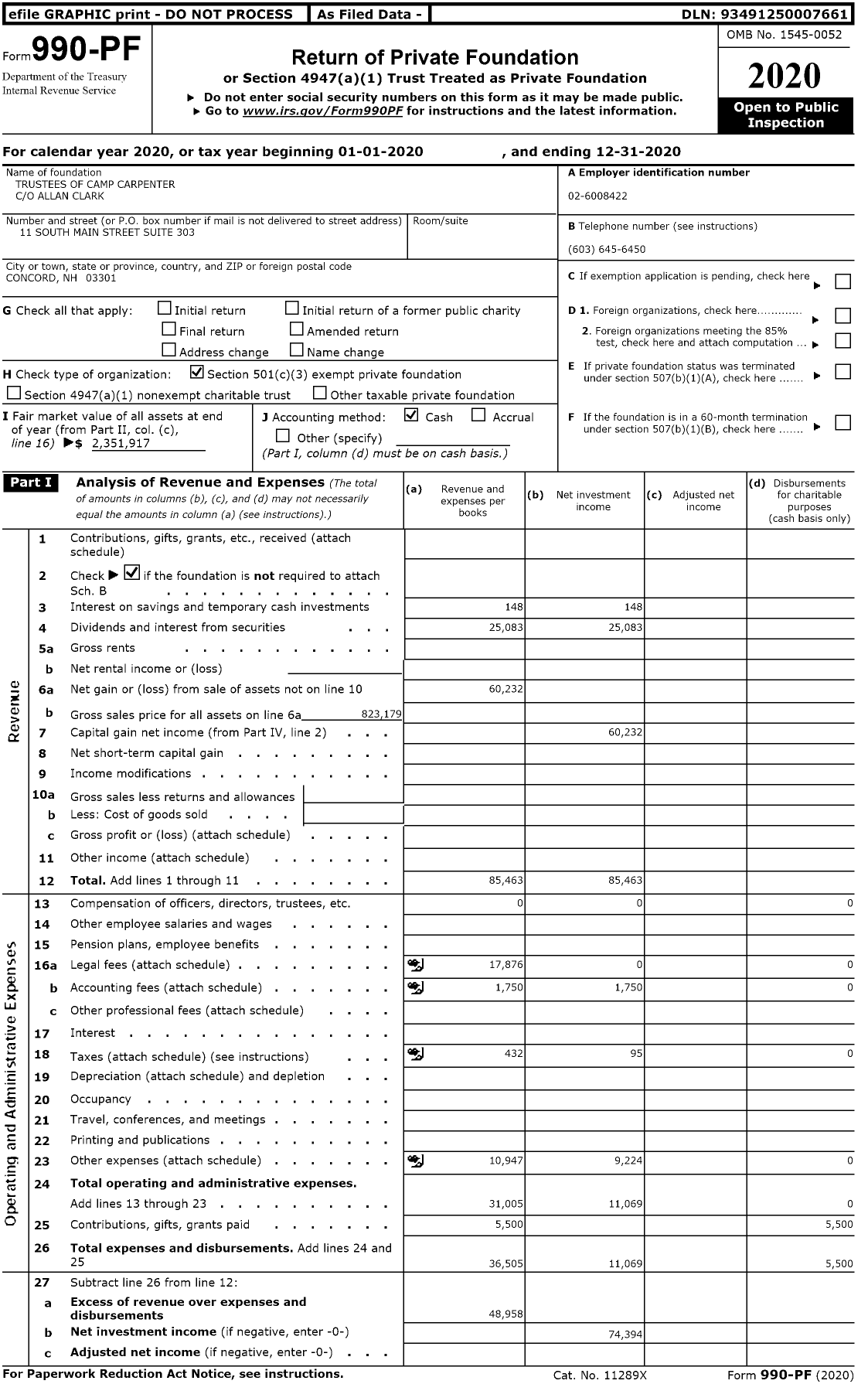 Image of first page of 2020 Form 990PF for Trustees of Camp Carpenter