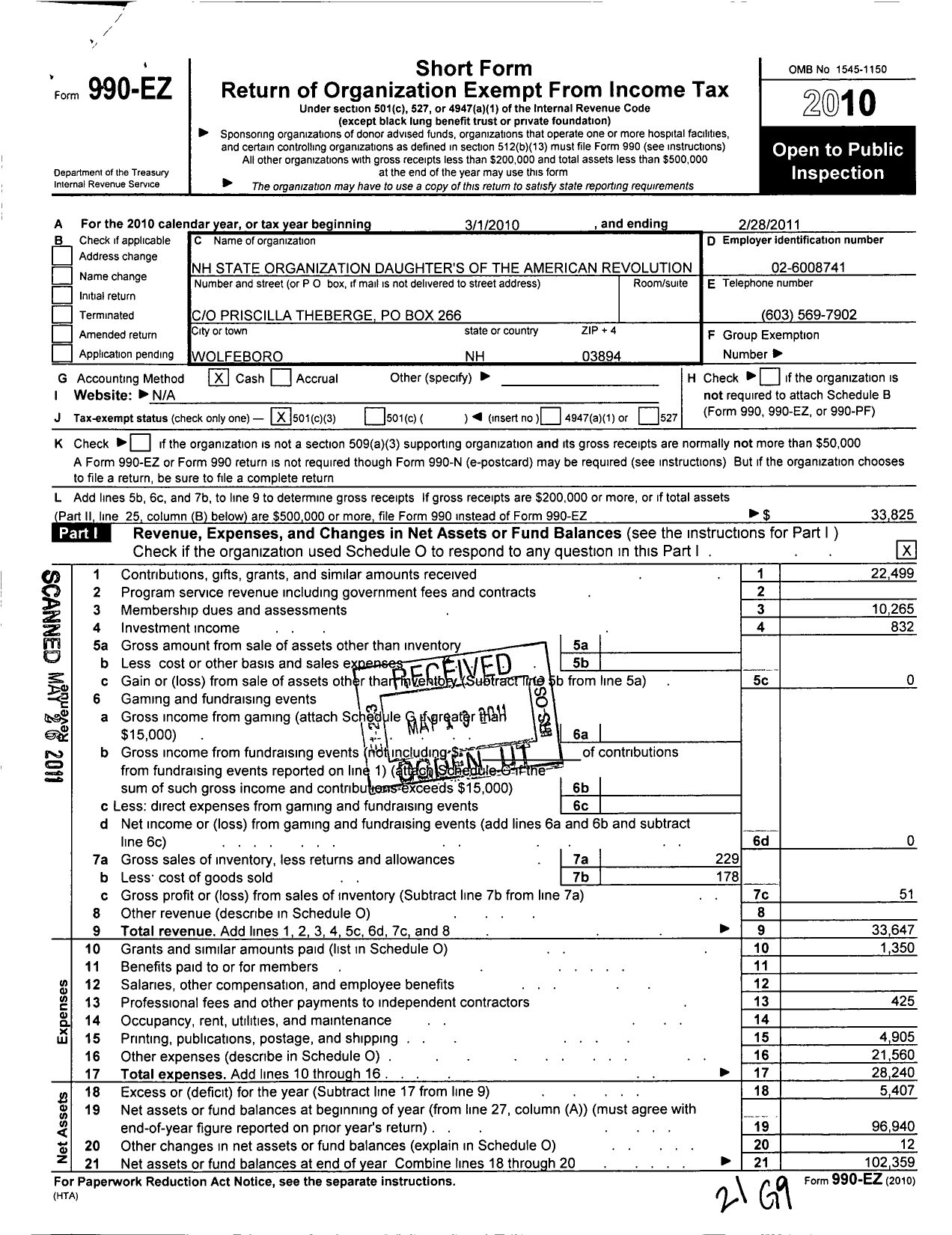 Image of first page of 2010 Form 990EZ for Daughters of the American Revolution - NH State Organization Dar