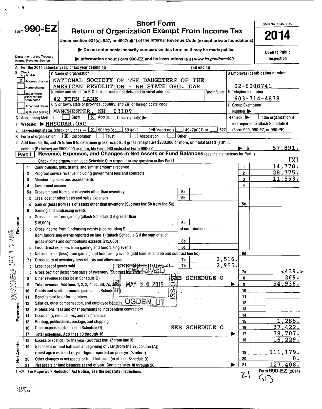 Image of first page of 2014 Form 990EZ for Daughters of the American Revolution - NH State Organization Dar