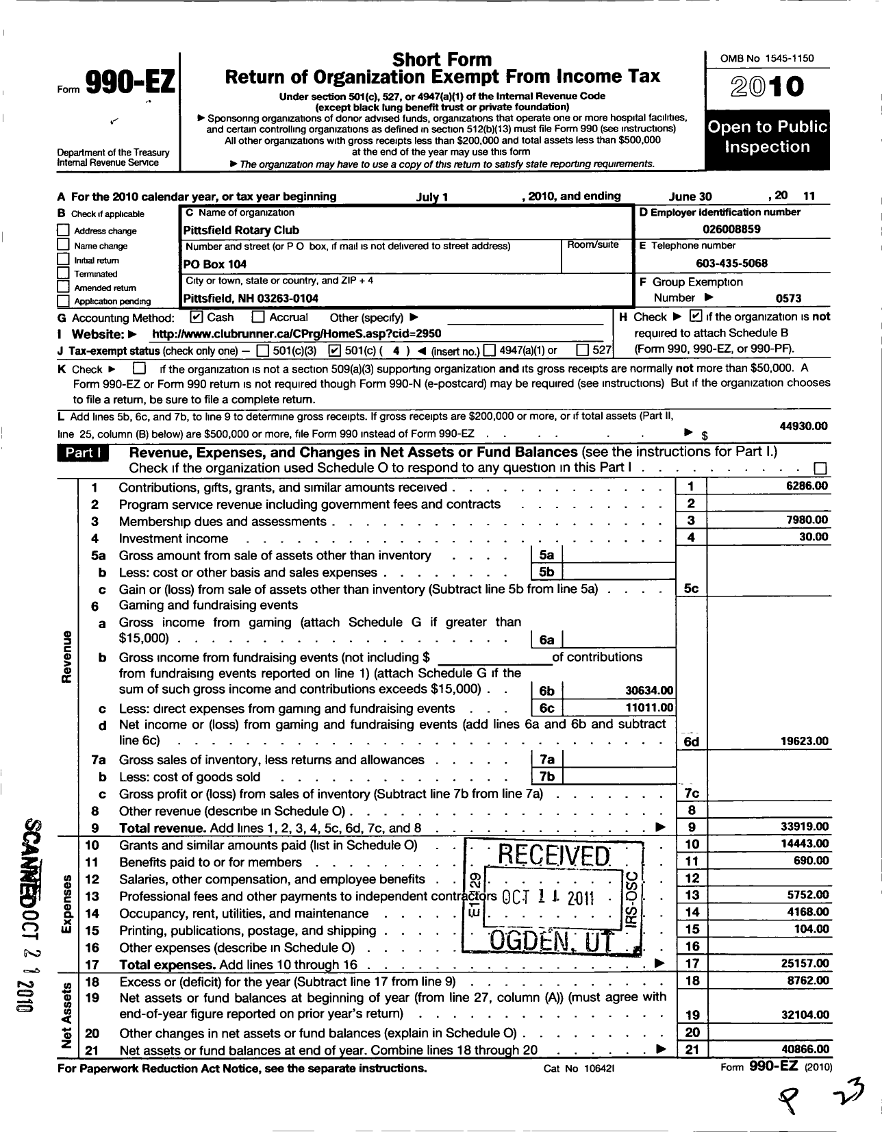 Image of first page of 2010 Form 990EO for Rotary International - Suncock Valley