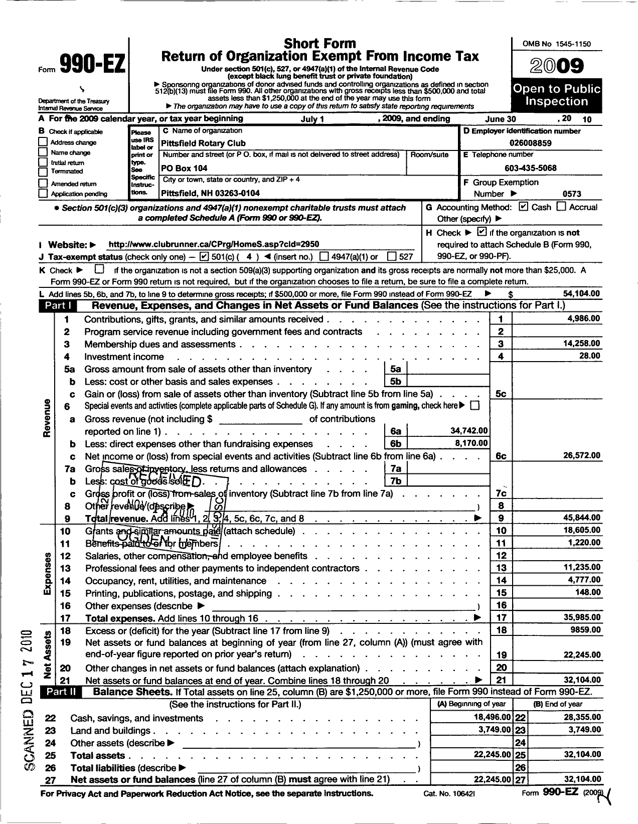 Image of first page of 2009 Form 990EO for Rotary International - Suncock Valley