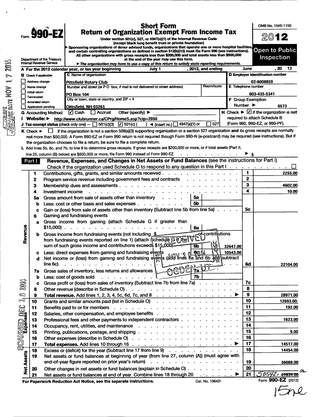 Image of first page of 2012 Form 990EO for Rotary International - Suncock Valley