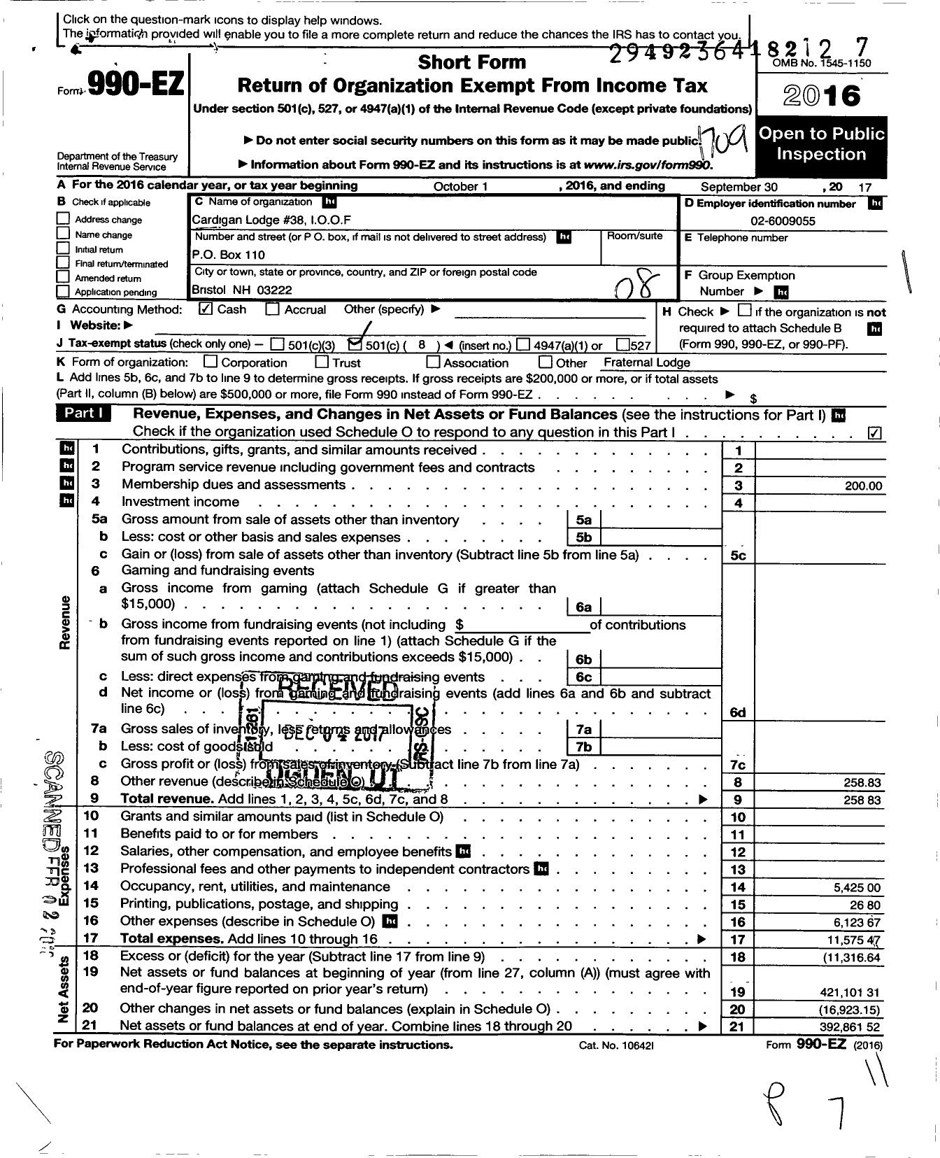 Image of first page of 2016 Form 990EO for Independent Order of Odd Fellows - 38 Cardigan Lodge