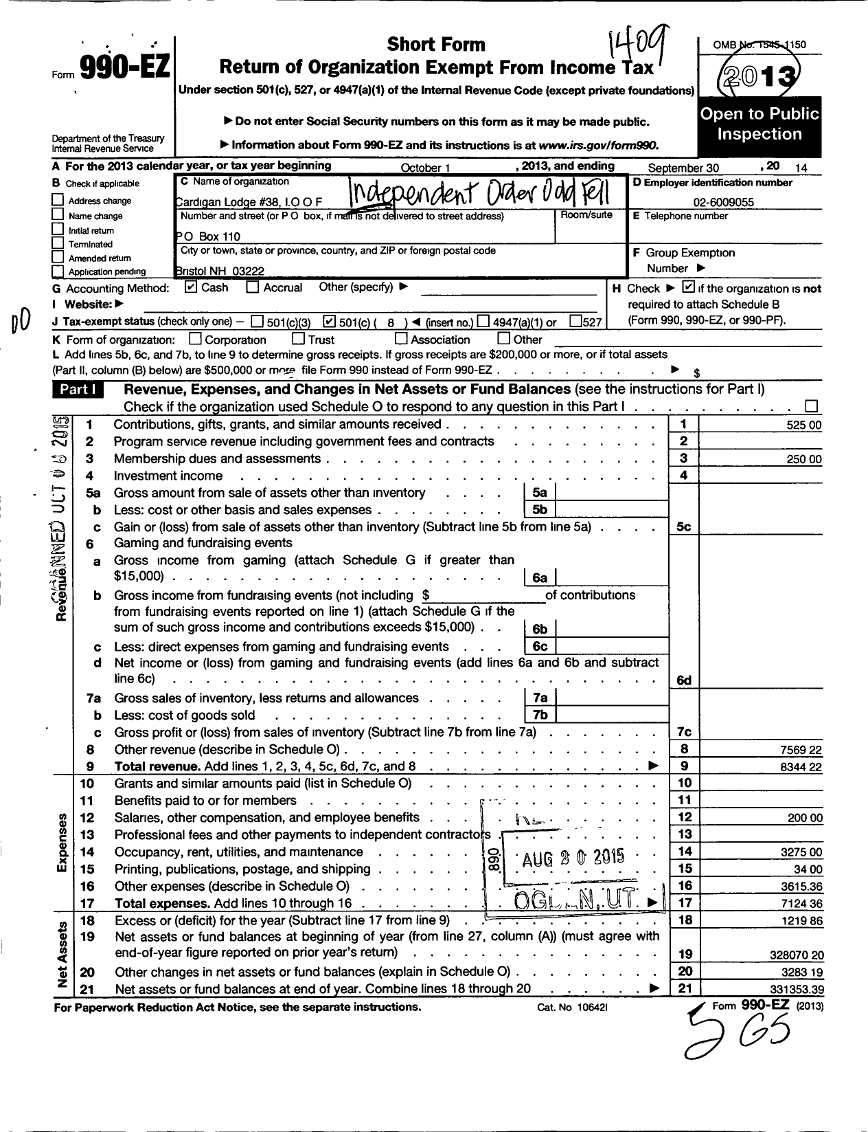 Image of first page of 2013 Form 990EO for Independent Order of Odd Fellows - 38 Cardigan Lodge