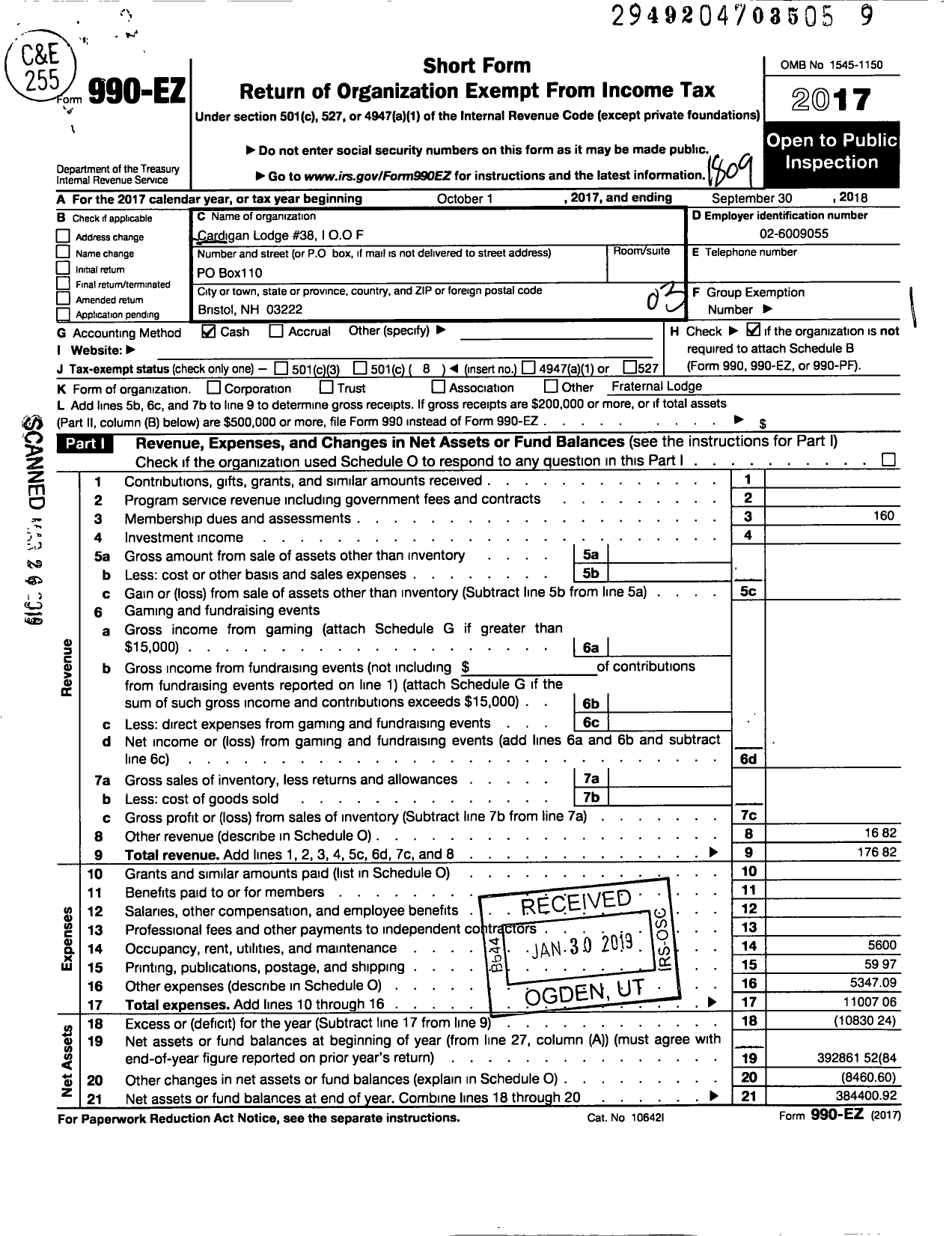 Image of first page of 2017 Form 990EZ for Independent Order of Odd Fellows - 38 Cardigan Lodge