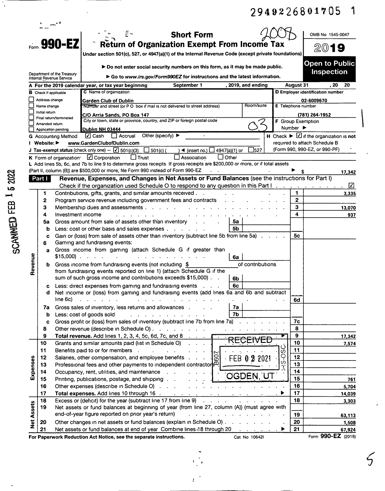 Image of first page of 2019 Form 990EZ for Garden Club of Dublin N H