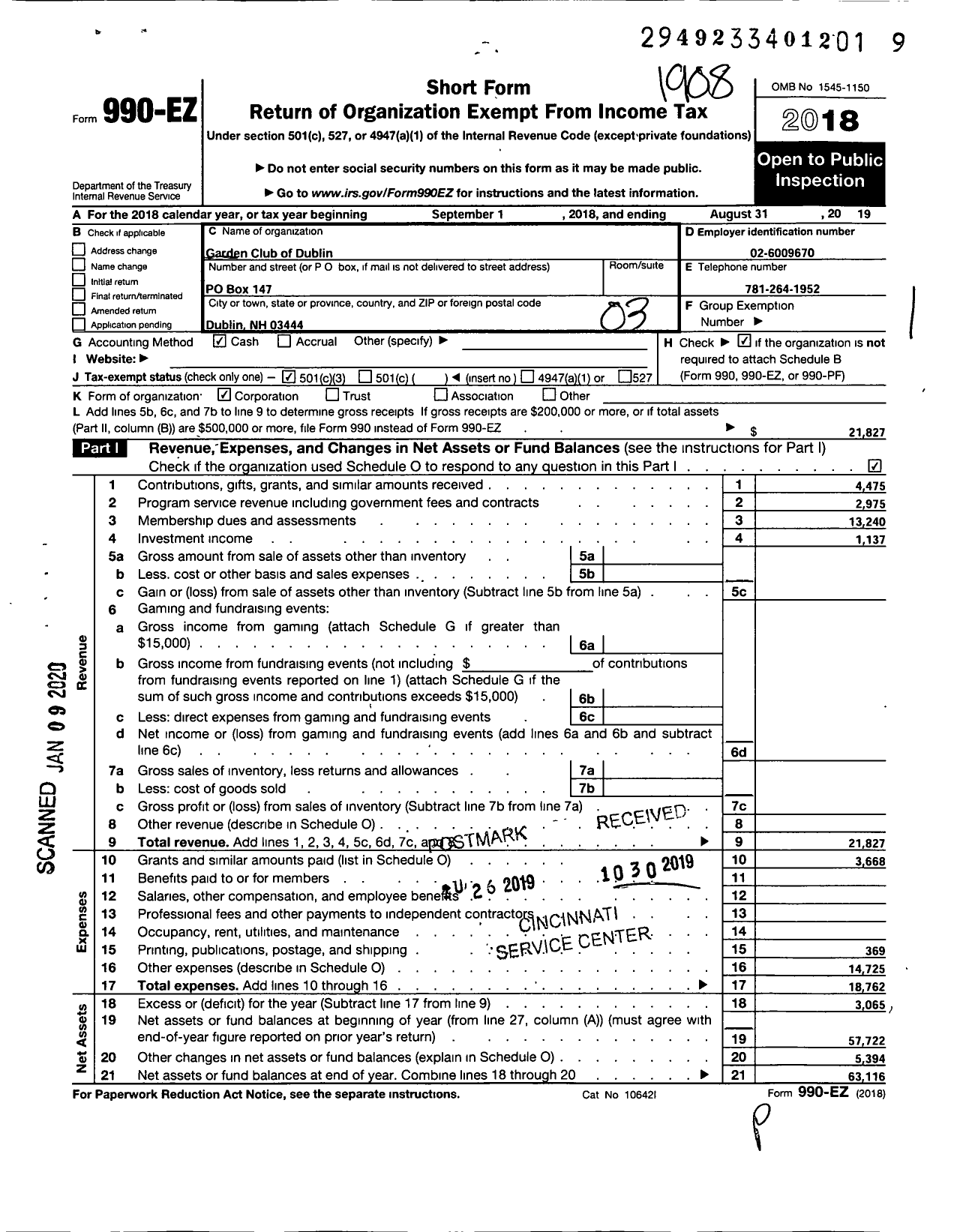 Image of first page of 2018 Form 990EZ for Garden Club of Dublin N H