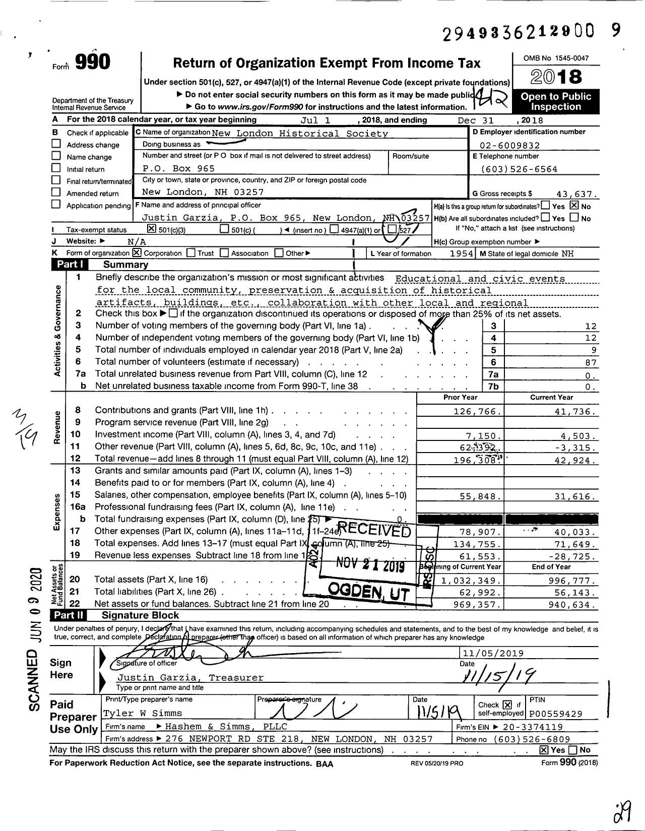 Image of first page of 2018 Form 990 for New London Historical Society