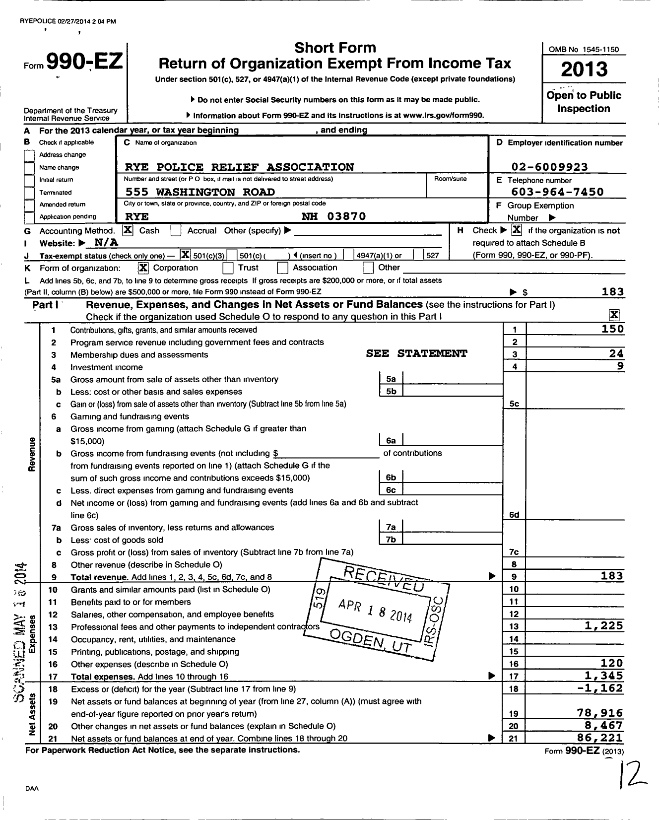 Image of first page of 2013 Form 990EZ for Rye Police Relief Association Incorporated