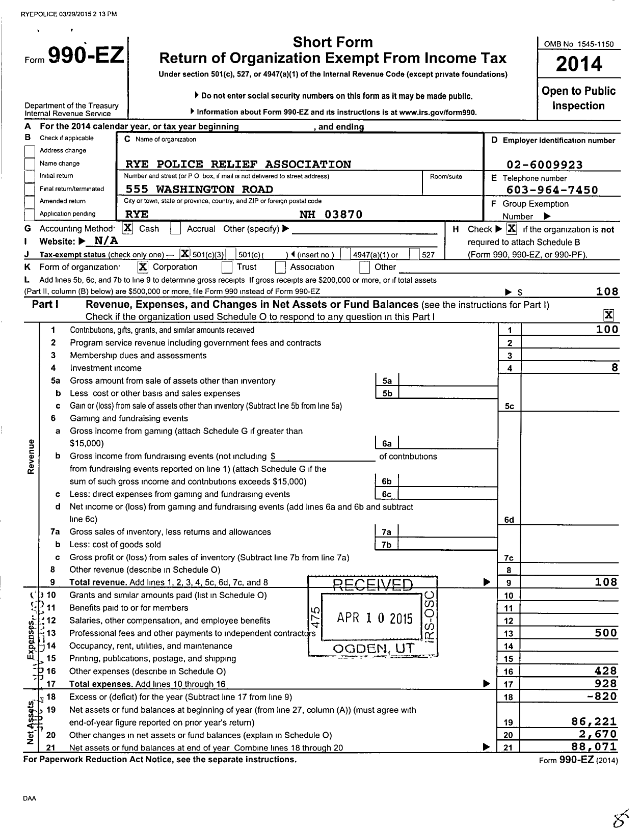 Image of first page of 2014 Form 990EZ for Rye Police Relief Association Incorporated