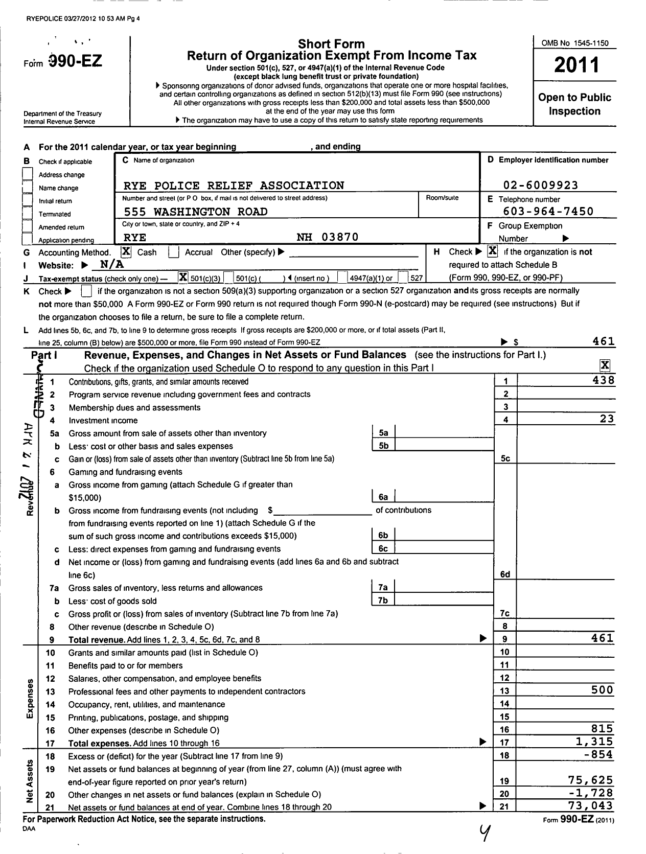 Image of first page of 2011 Form 990EZ for Rye Police Relief Association Incorporated