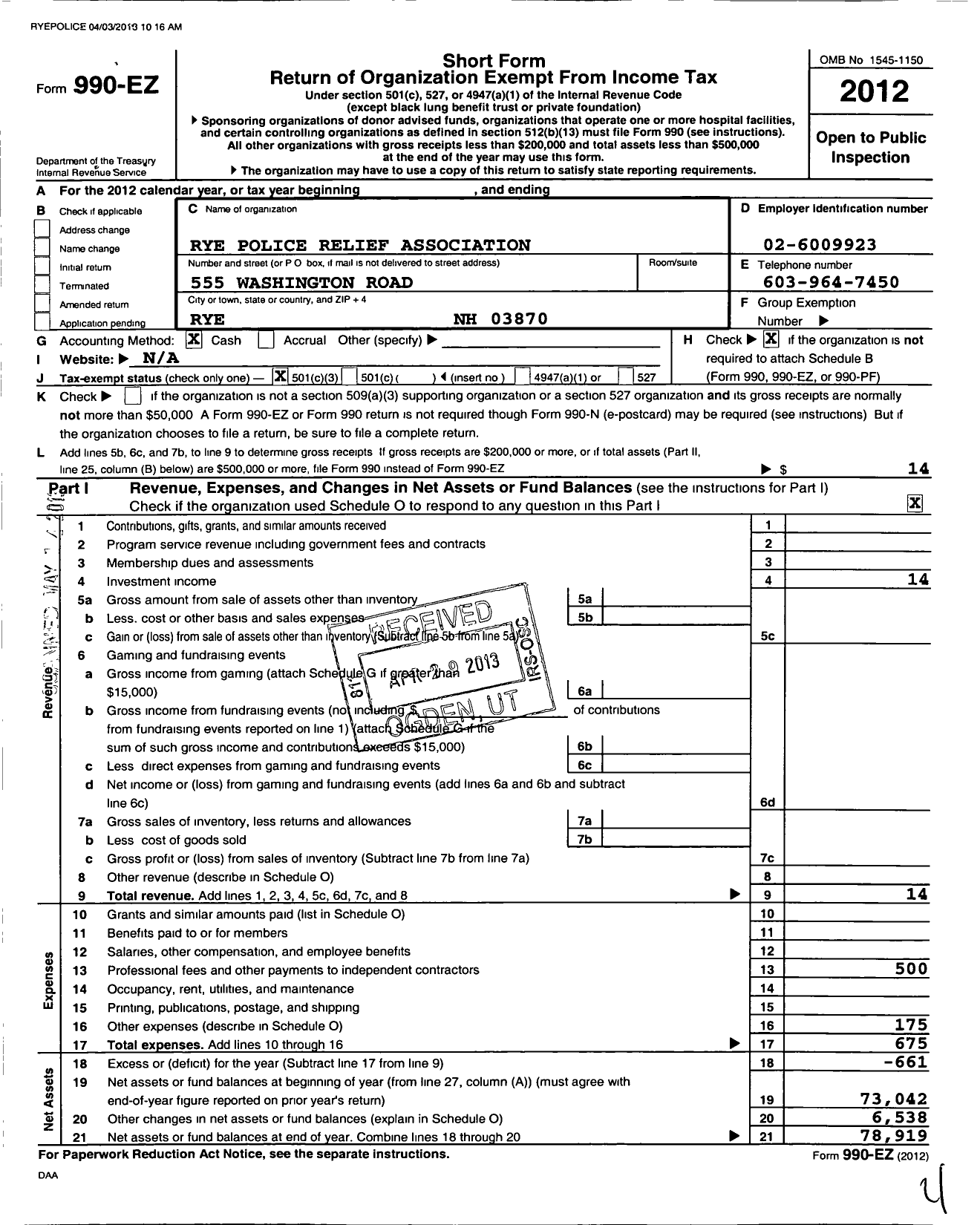 Image of first page of 2012 Form 990EZ for Rye Police Relief Association Incorporated