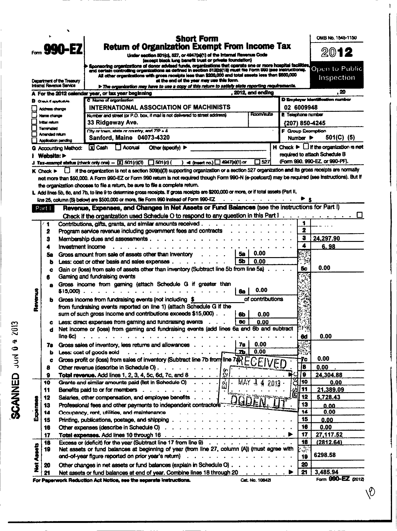 Image of first page of 2012 Form 990EZ for International Association of Machinists and Aerospace Workers - 836 Portmouth Naval Shipyard