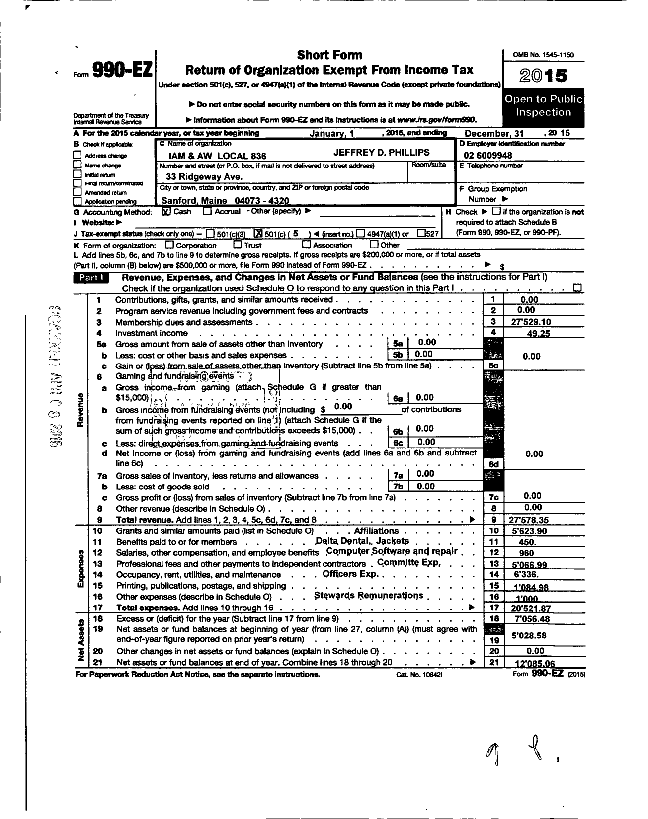 Image of first page of 2015 Form 990EO for International Association of Machinists and Aerospace Workers - 836 Portmouth Naval Shipyard