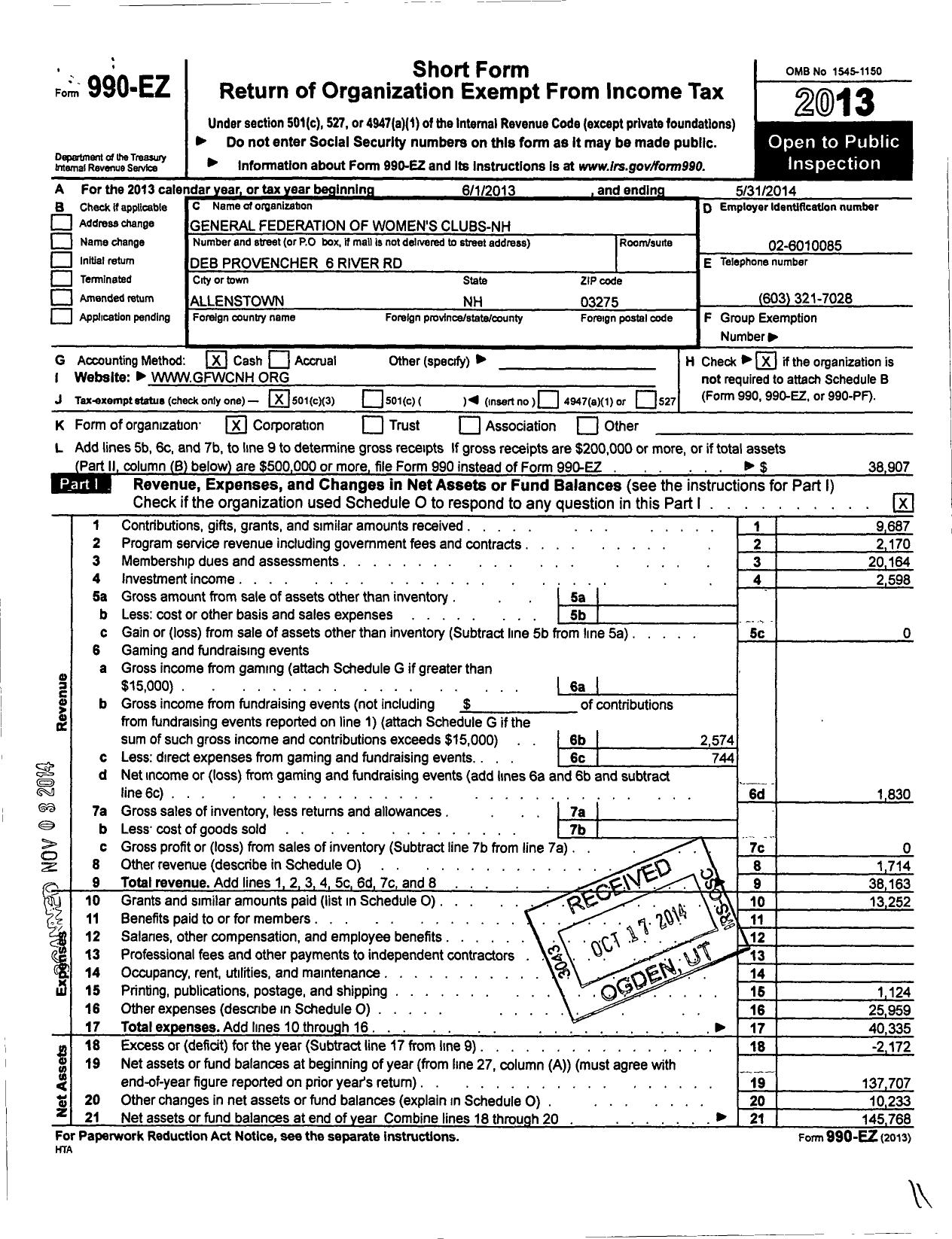 Image of first page of 2013 Form 990EZ for General Federation of Women's Clubs - NH